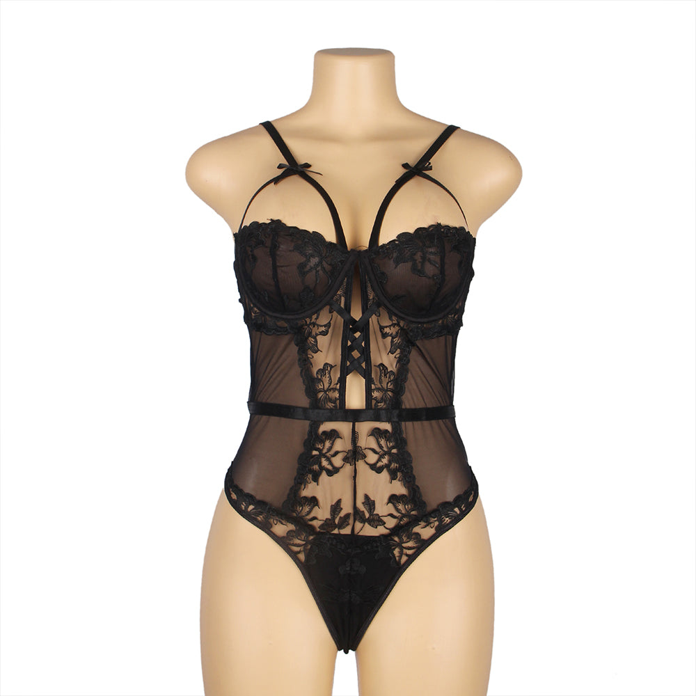 One-piece Sleeveless Underwired Floral Patterns Mesh Bodysuit