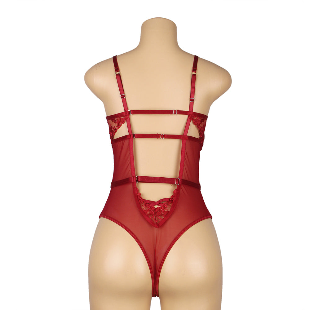 Wine Red One-piece Sleeveless Underwired Floral Patterns Mesh Bodysuit