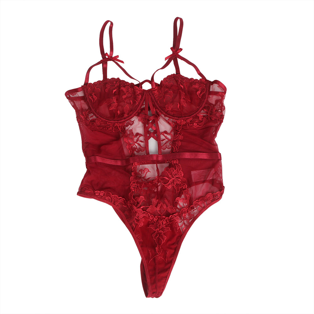 Wine Red One-piece Sleeveless Underwired Floral Patterns Mesh Bodysuit