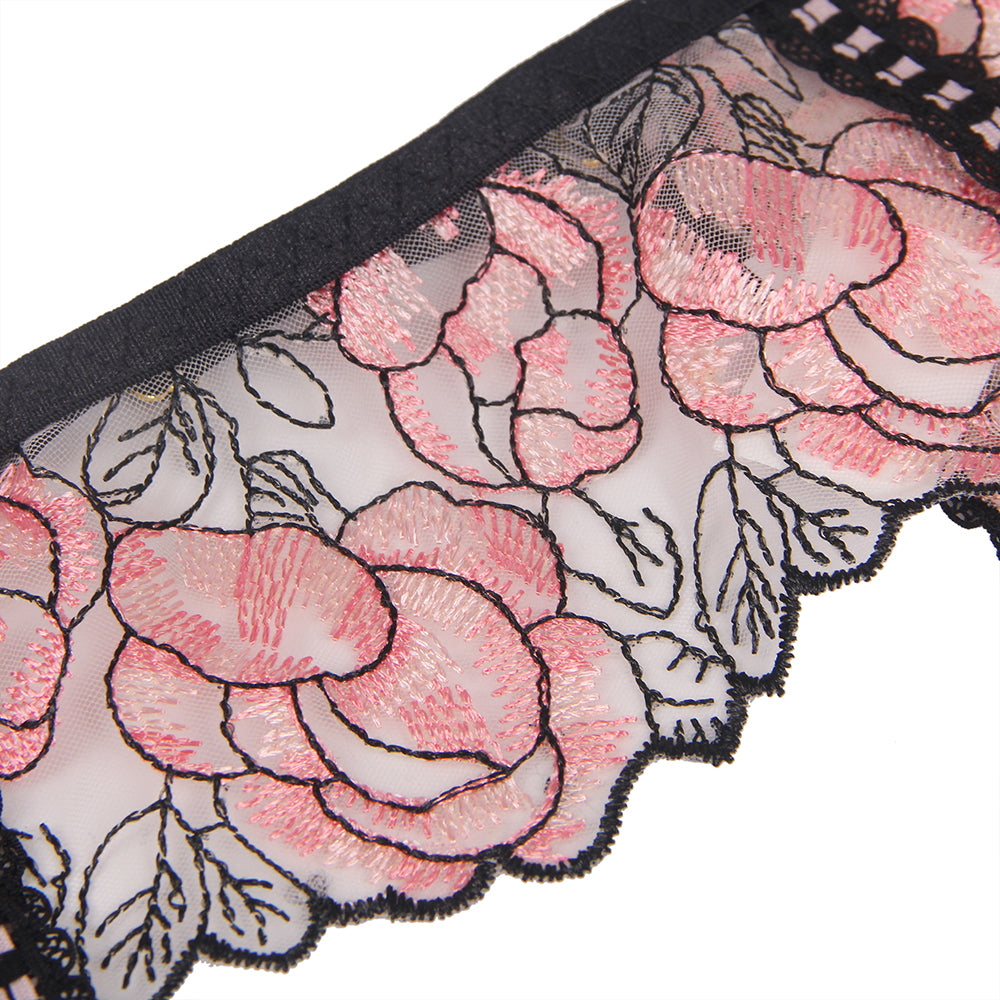 Pink Floral Lace Underwire Garter Bra Set