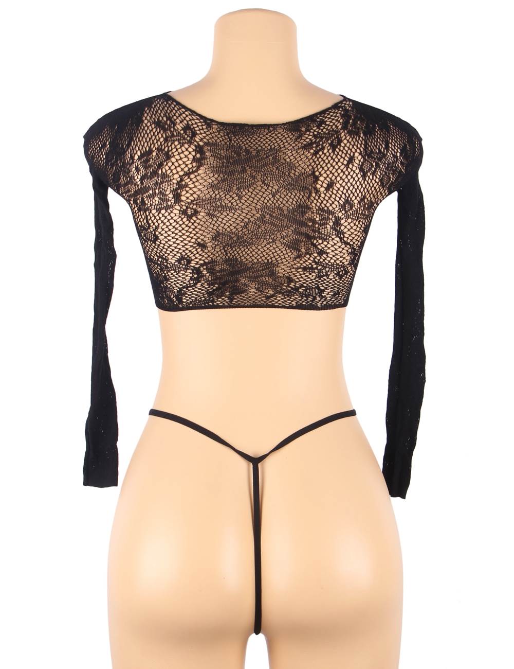 Black Sexy Open Chest Long Sleeve Stretch Fishnet Set