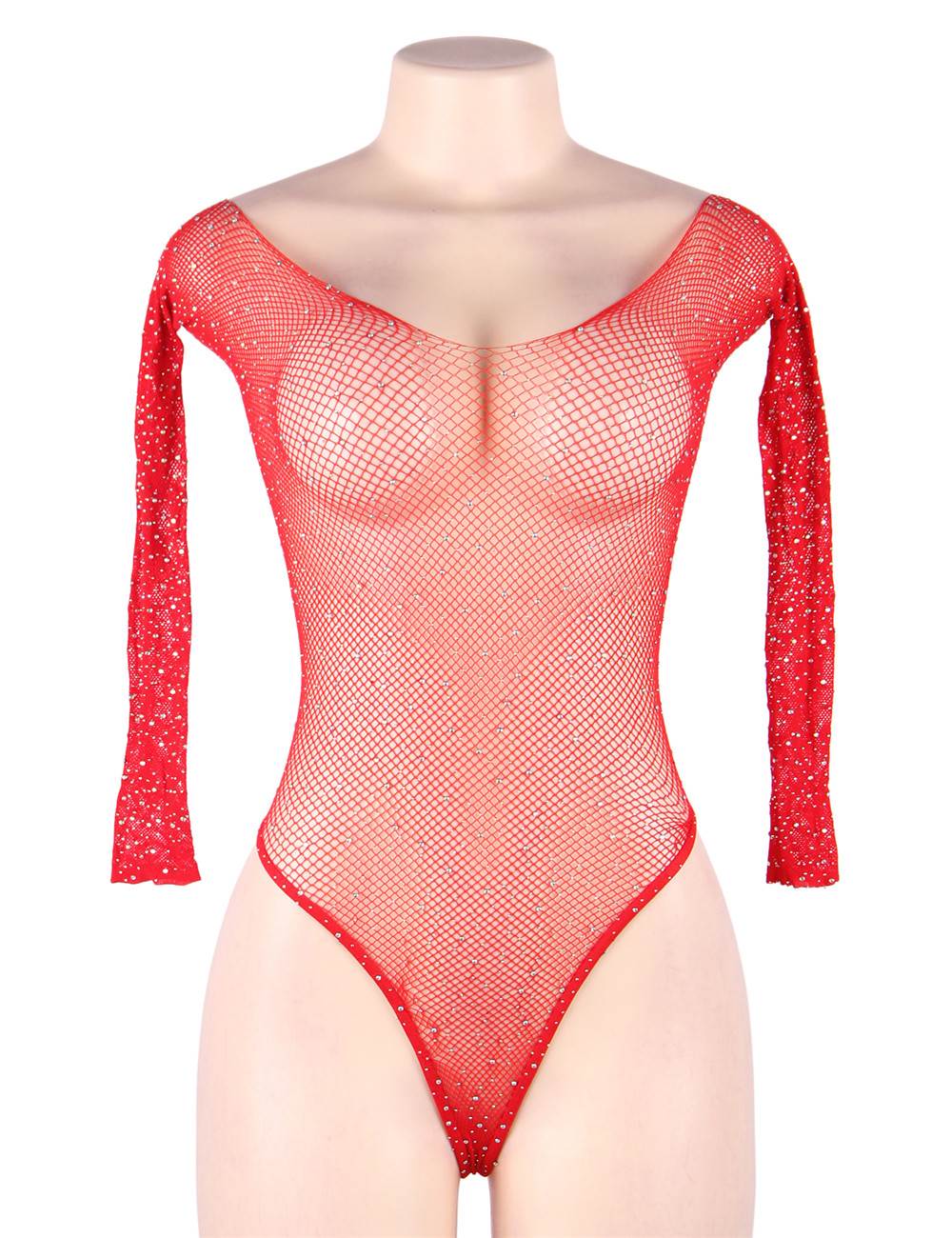 Red Long Sleeve Fishnet Off-the-shoulder Sparkle Bodysuit