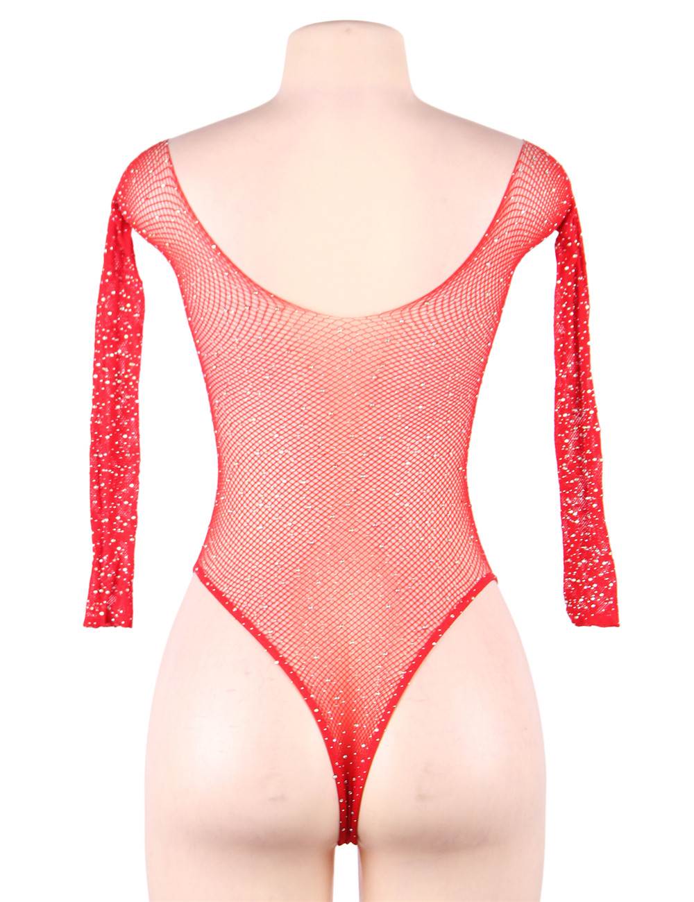 Red Long Sleeve Fishnet Off-the-shoulder Sparkle Bodysuit