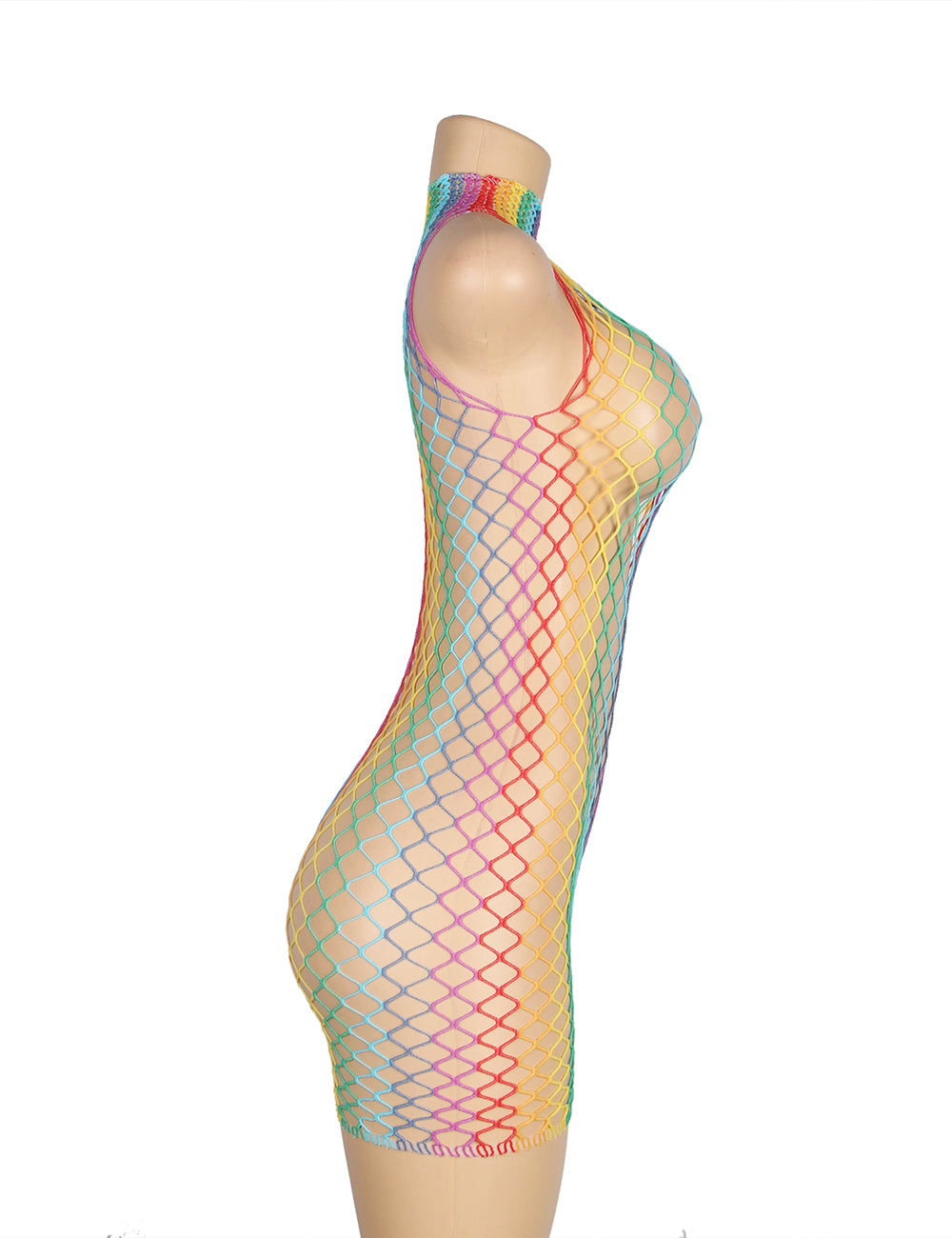 Rainbow Colorful High Collar Sleeveless Fishnet Bodystocking