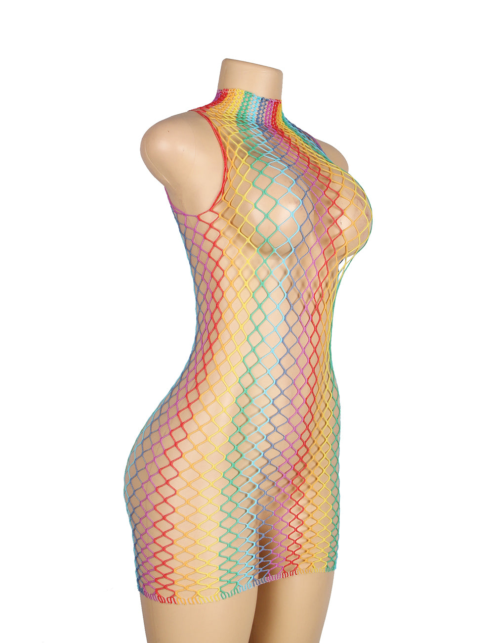 Rainbow Colorful High Collar Sleeveless Fishnet Bodystocking