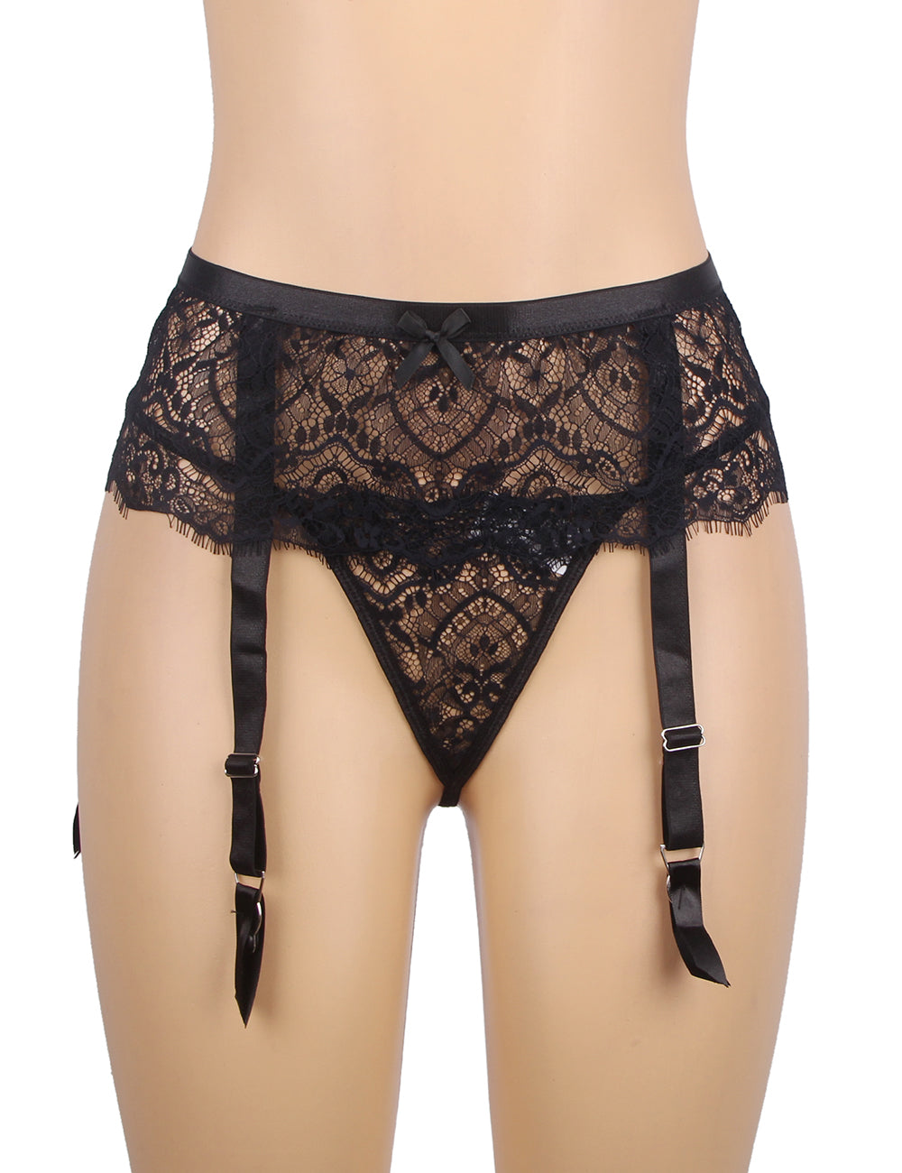 Black Eyelash Lace High Waist Metal Button Garter Belt Panty