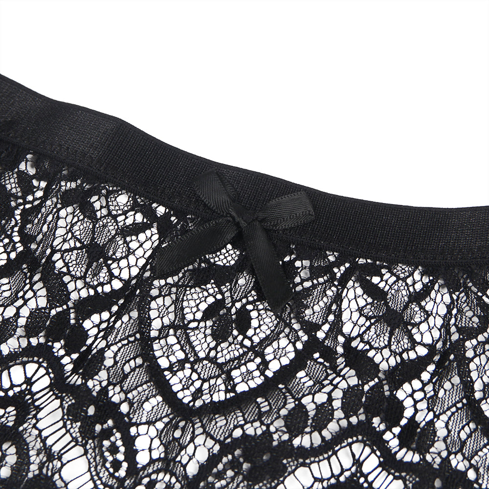 Black Eyelash Lace High Waist Metal Button Garter Belt Panty