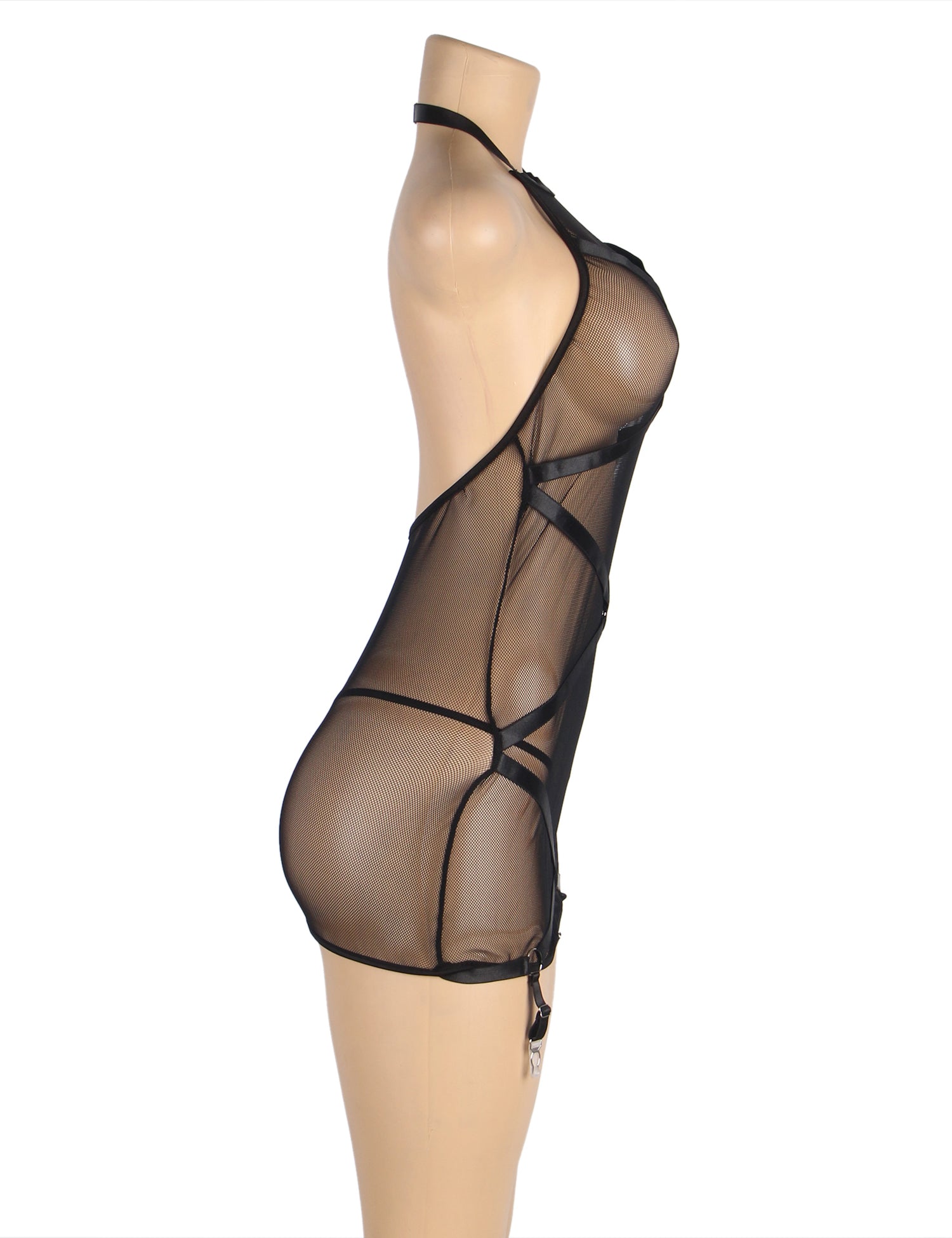 Black Halter Neck Mesh Bondage Sexy Garter Lingerie
