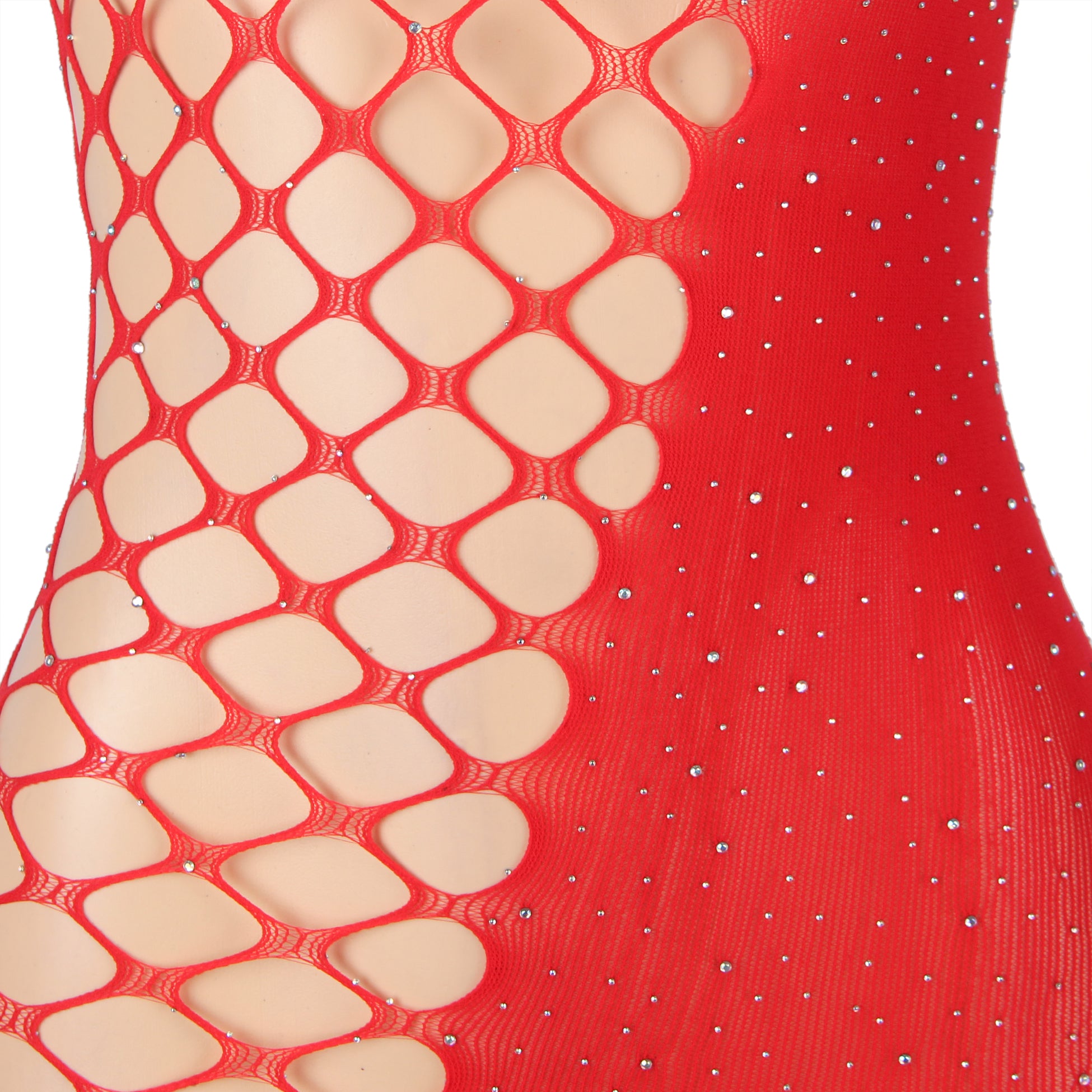 Red Sexy Sparkle Glitter Rhinestone Fishnet Hollow Bodystocking