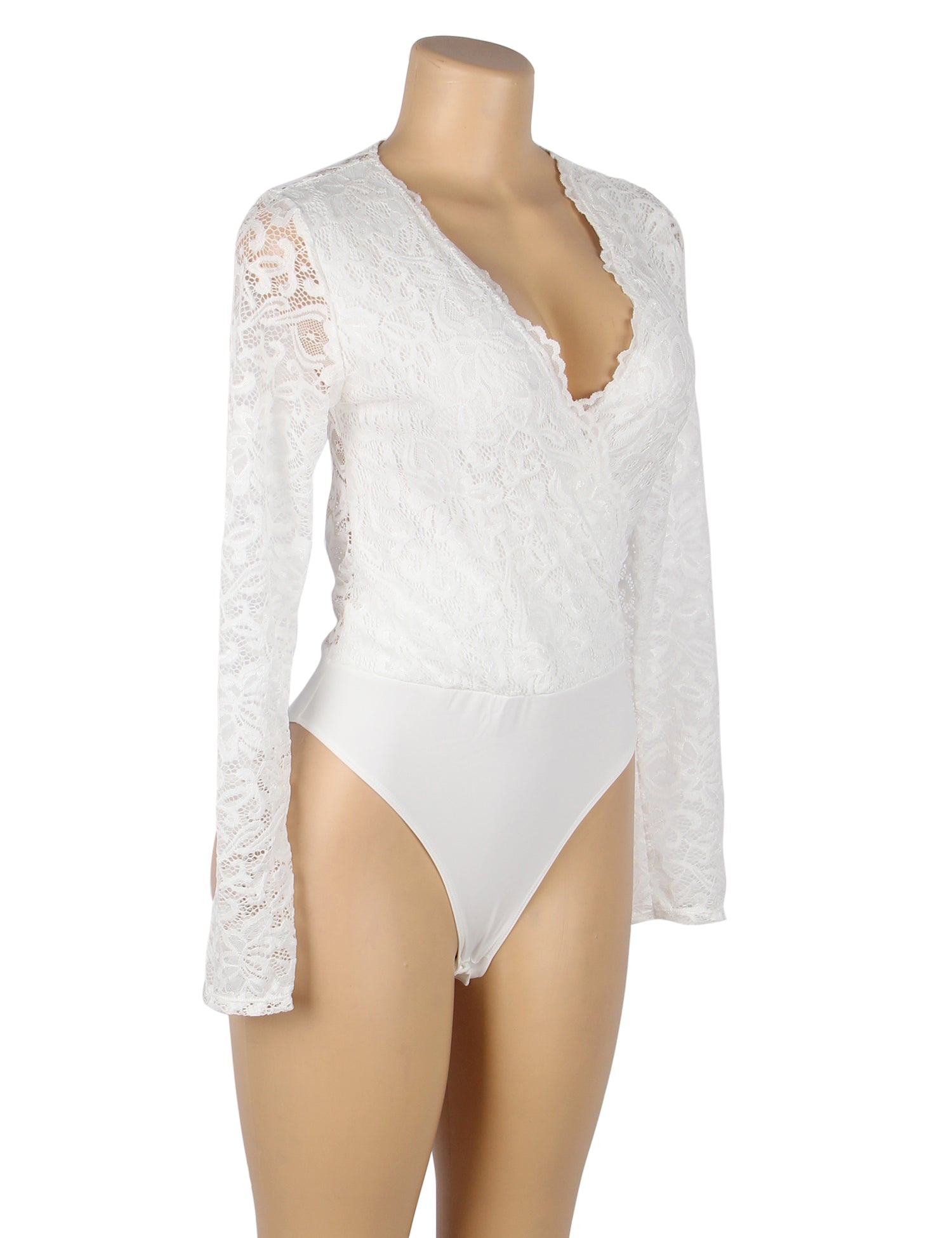 White Brushed Lace Long Sleeve Bodysuit