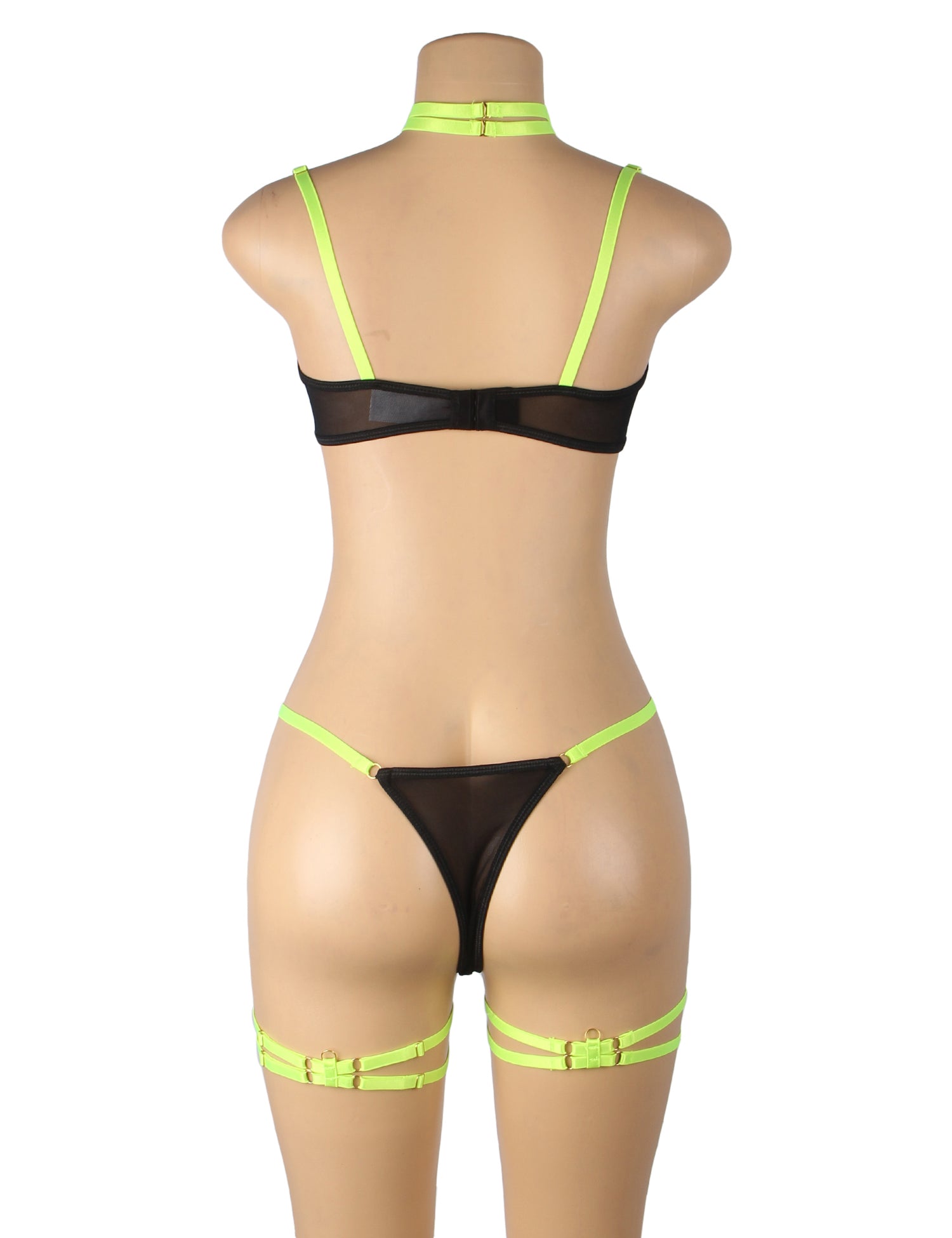 Green Sexy Hollow Cut Strappy Two-Color Splicing Bra Set