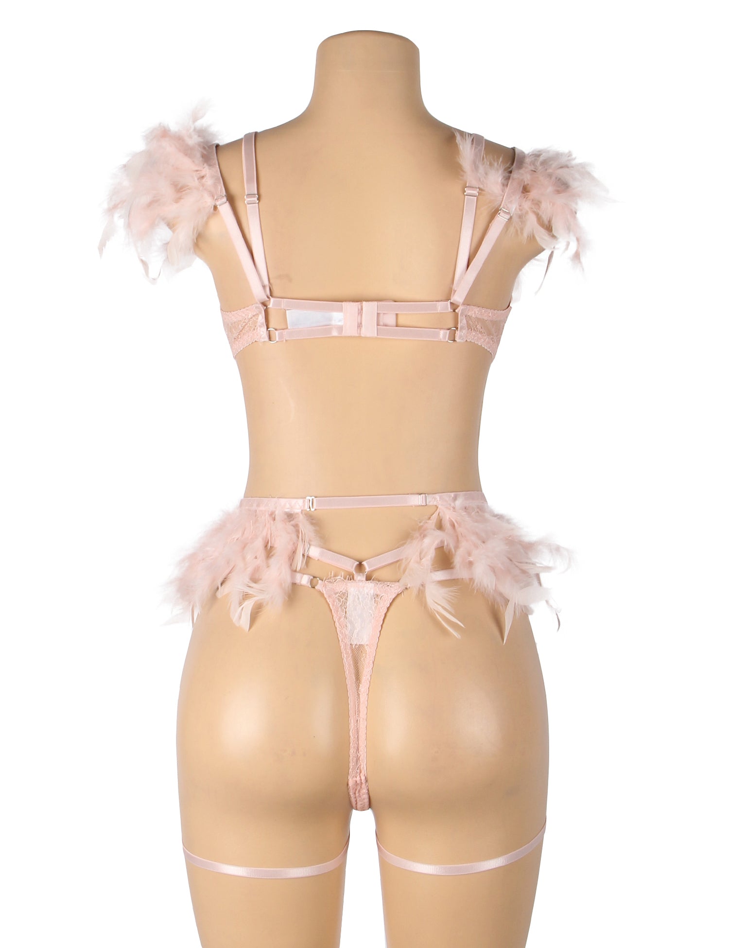 Pink Feather Lace Chain Sexy Bra Set