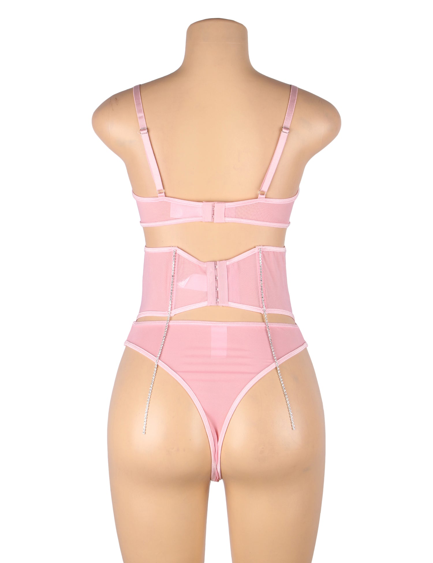 5 Bones Pink Mesh Sexy Bra Set Stitching Diamond Chain