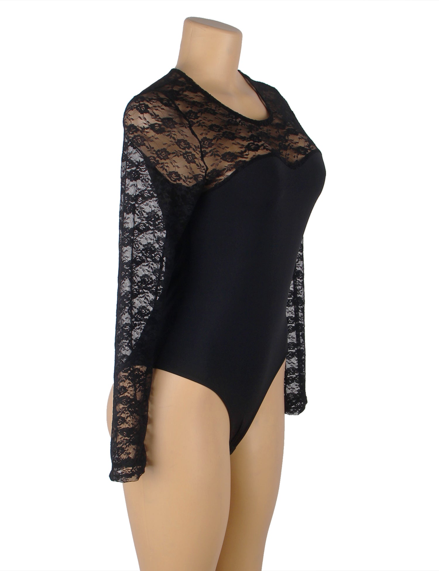 Long Sleeve Openable Crotch Lace Black Bodysuit