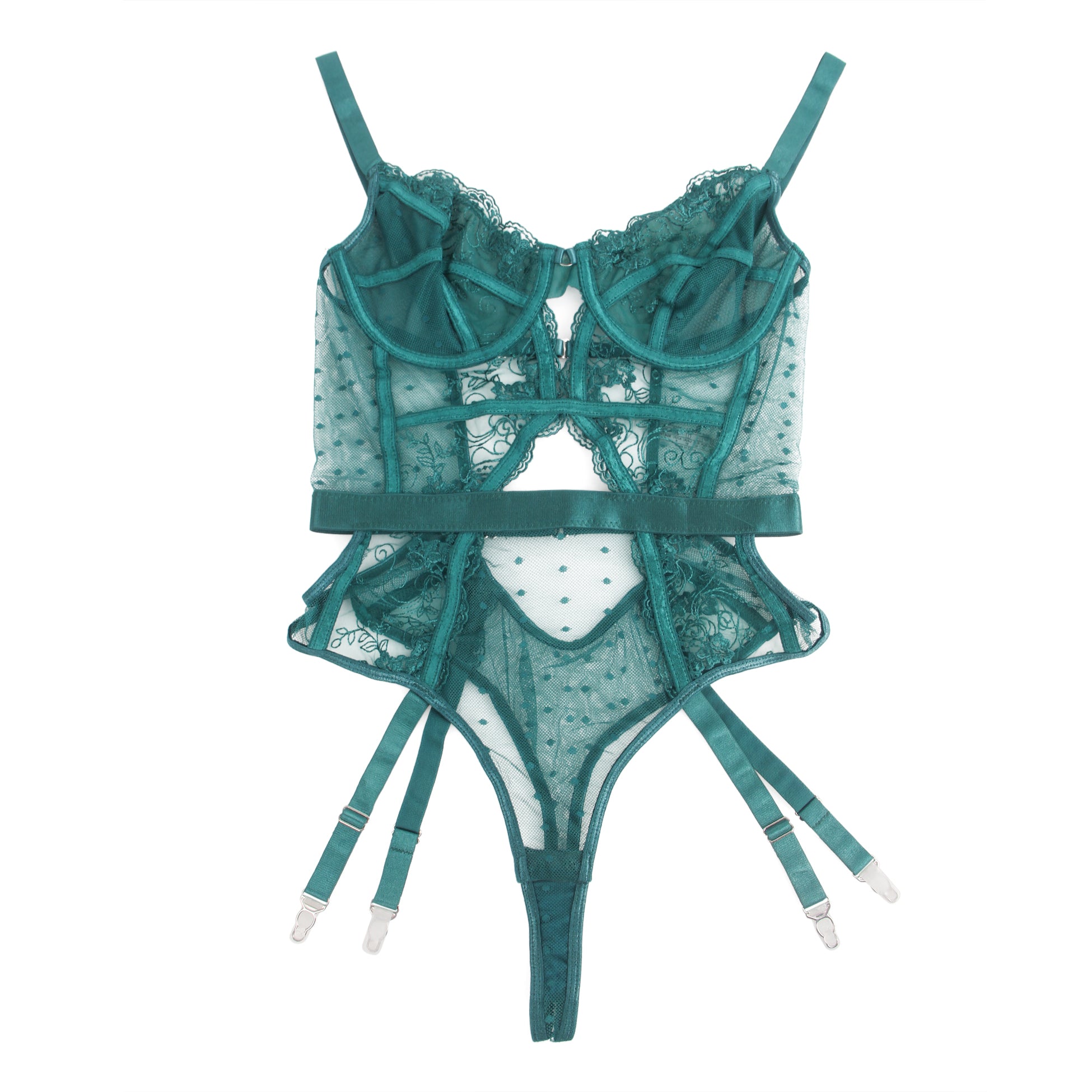Green Sexy Embroidery Lace Hollow Suspender Bodysuit