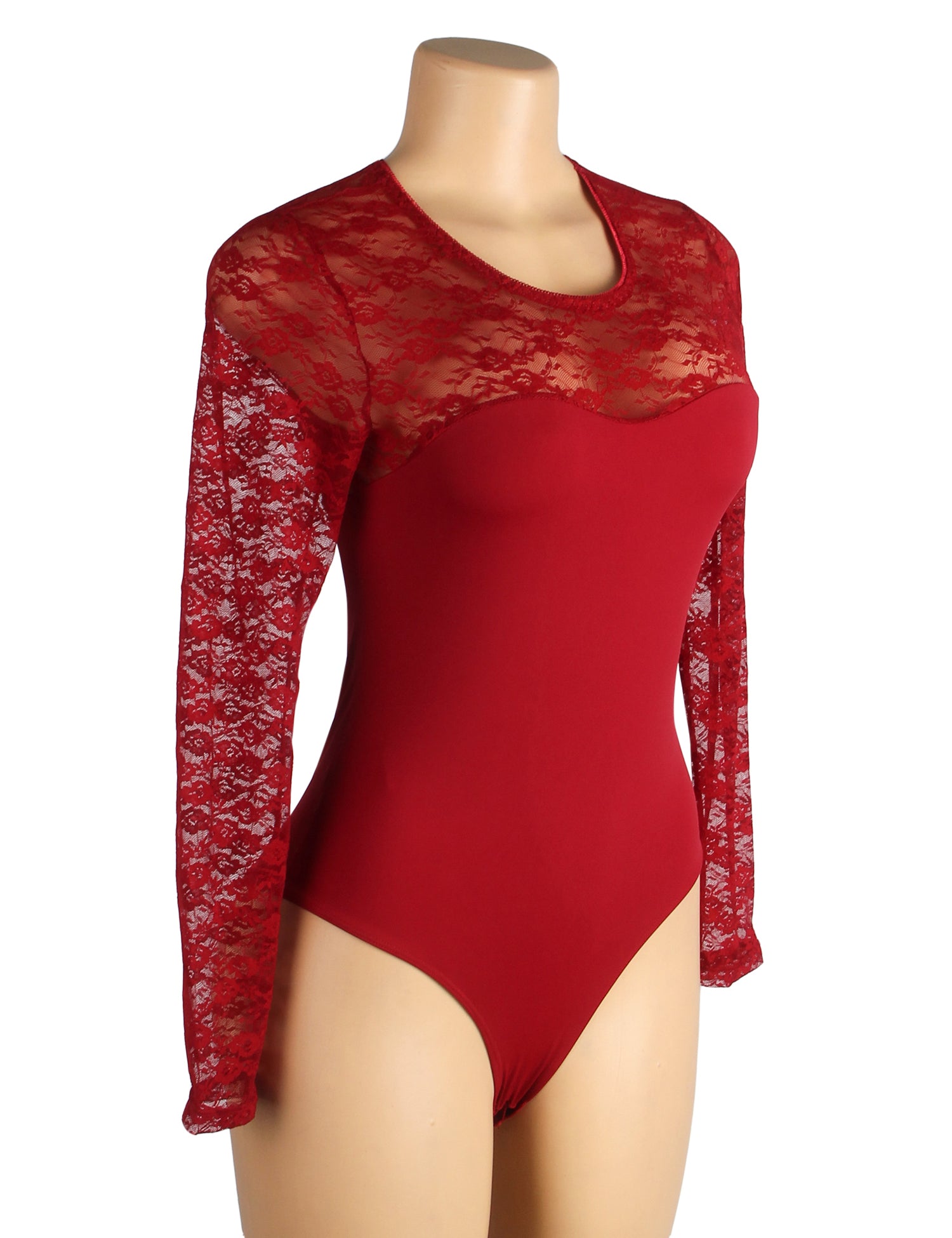 Long Sleeve Openable Crotch Lace Burgundy Bodysuit