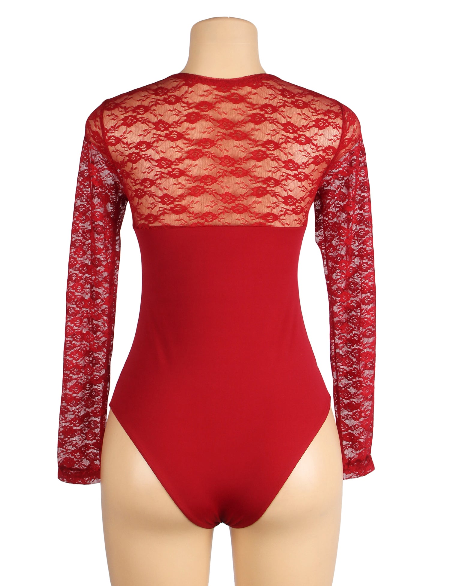 Long Sleeve Openable Crotch Lace Burgundy Bodysuit