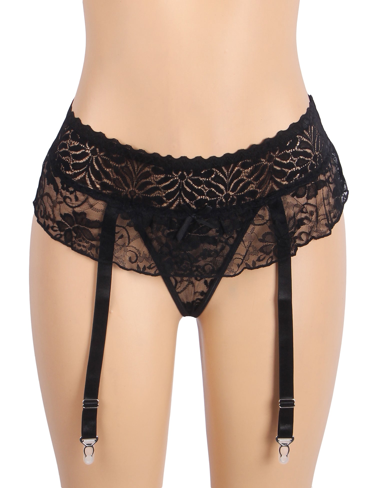Black Sexy Lace Garter Panty With Metal Buckles