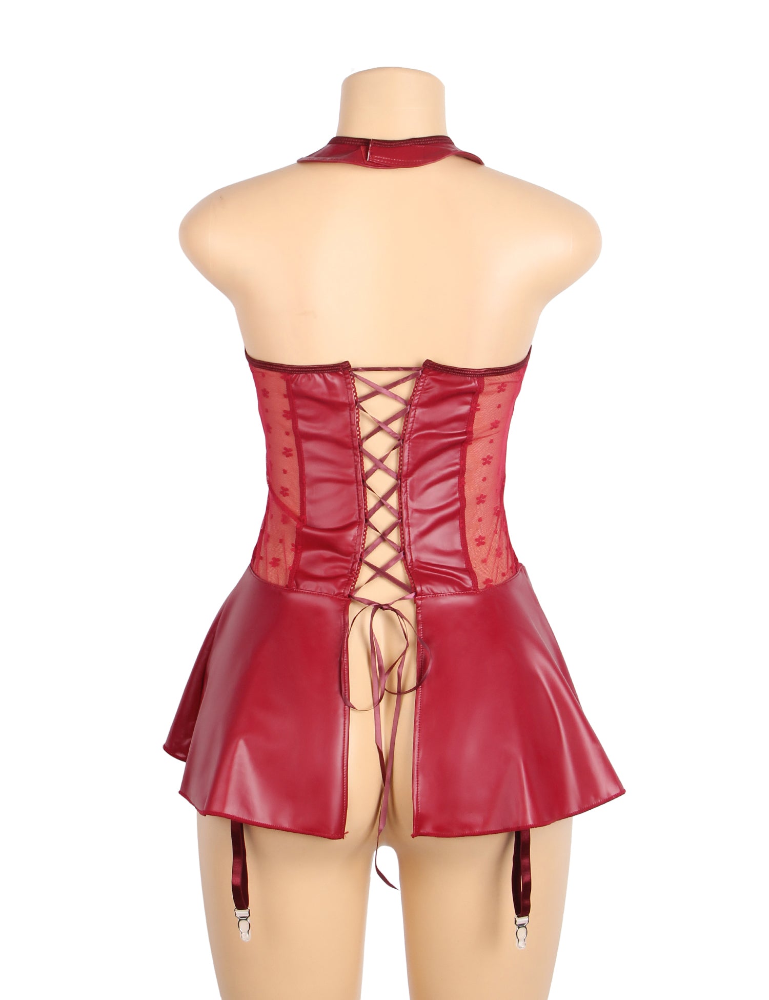 Red Halter PU Leather Lace Sexy Garter Lingerie