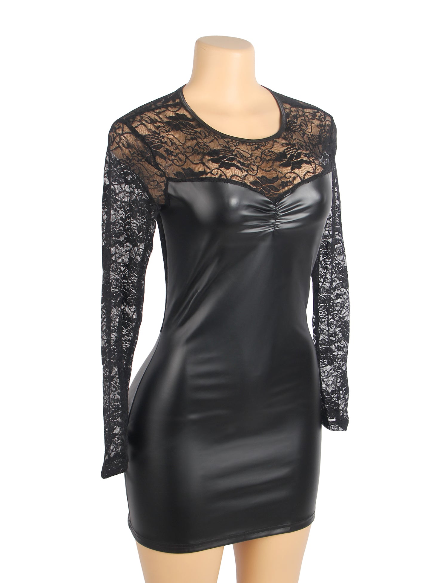Black Long Sleeves PU Leather Lace Sexy Nightdress