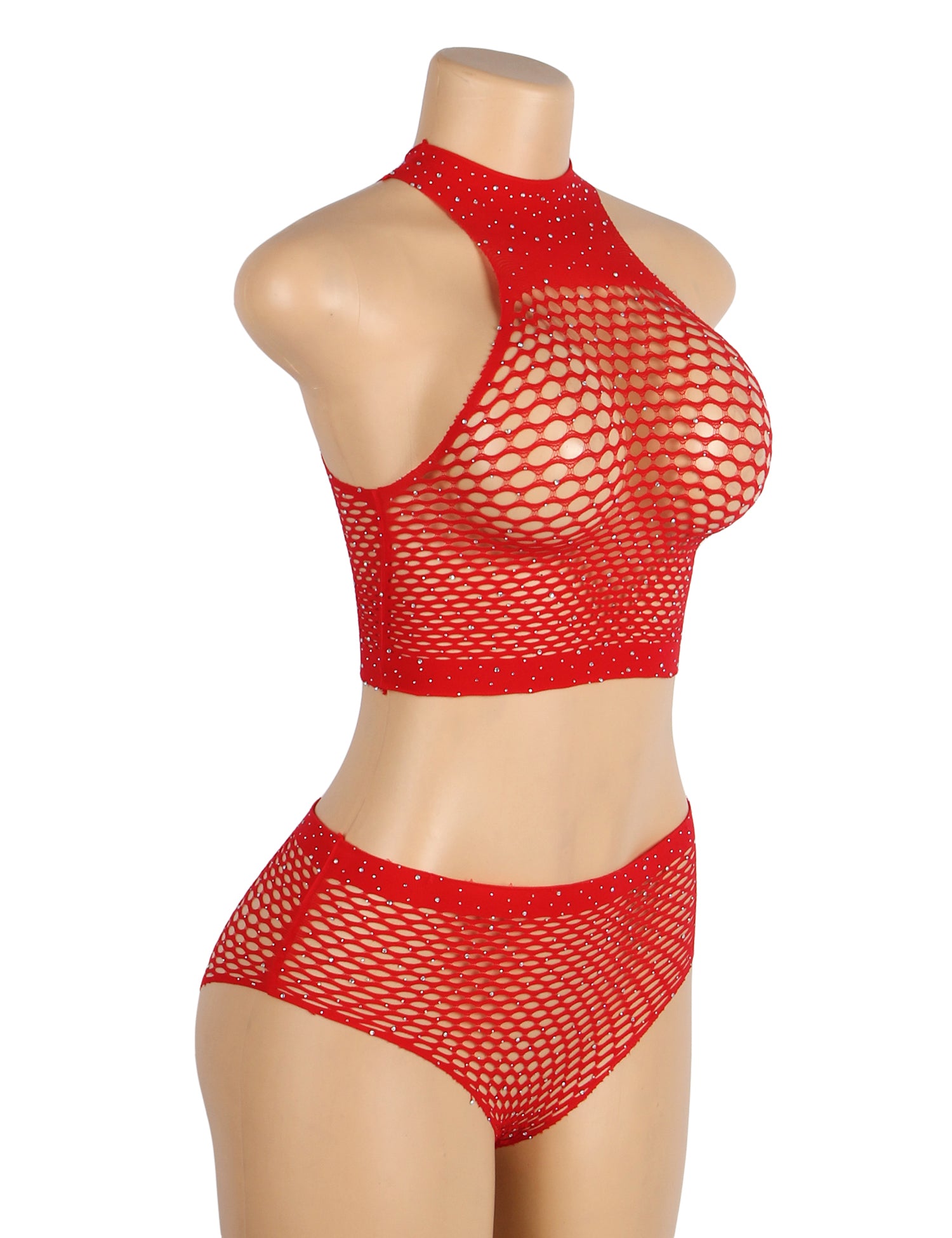 Red Two Piece Fishnet Rhinestone See Through Bikini Top and Shorts Set