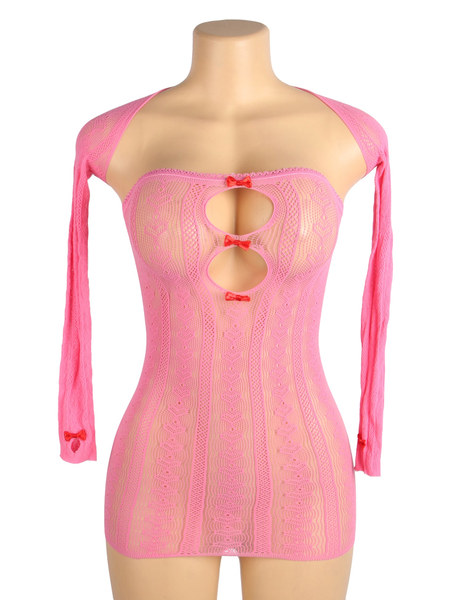 Pink Sexy Long Sleeves Hollow Out Bow Bodystocking