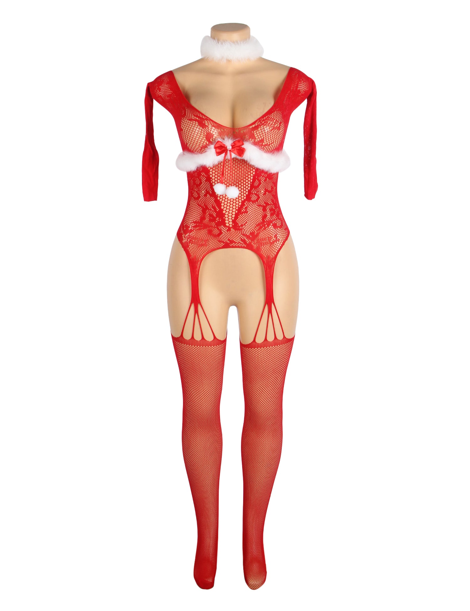 Christmas Red Sexy Bow Plush Decoration Long Sleeves Fishnet Bodystocking