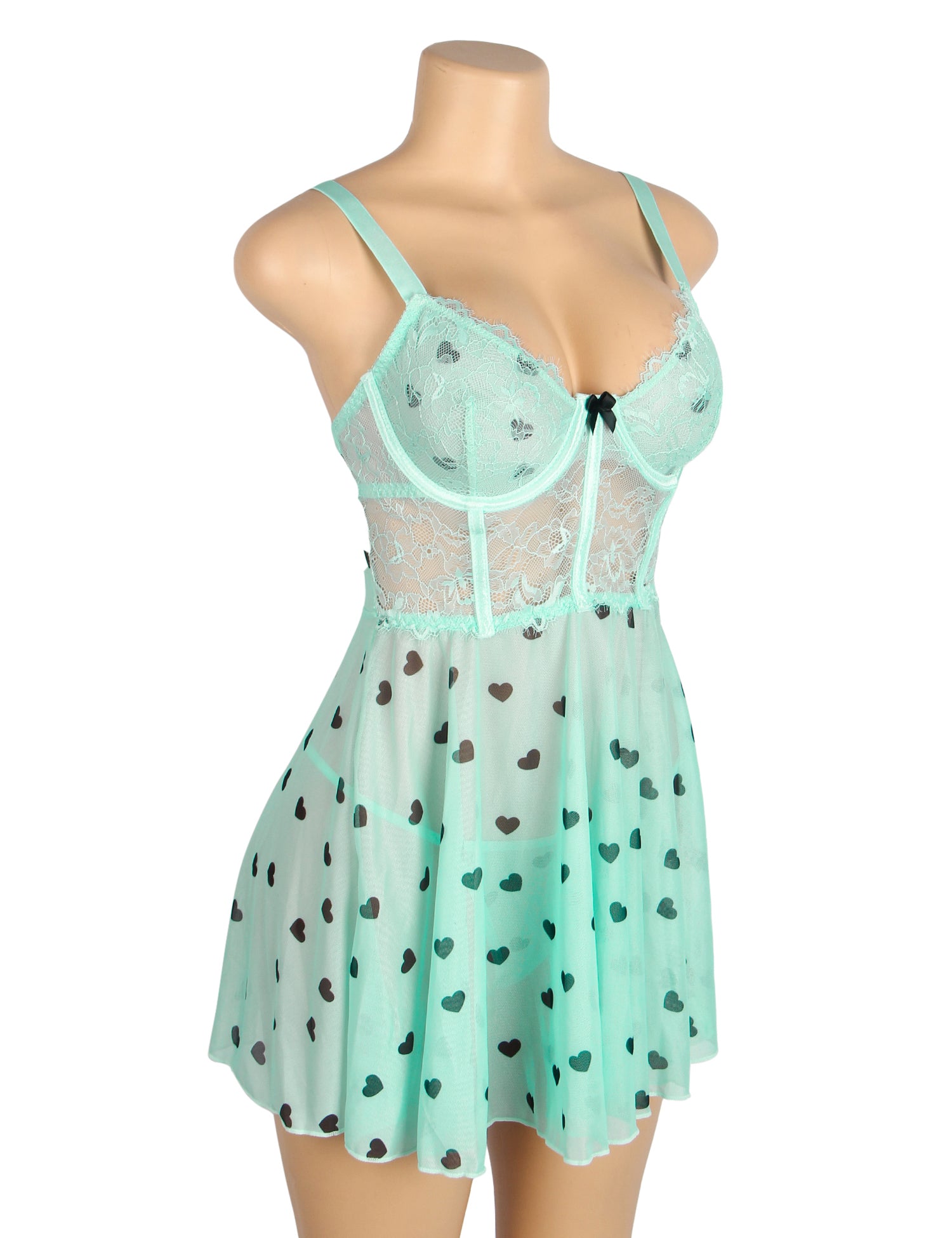 Blue Sexy Heart Printed Lace Mesh Push Up Nightdress