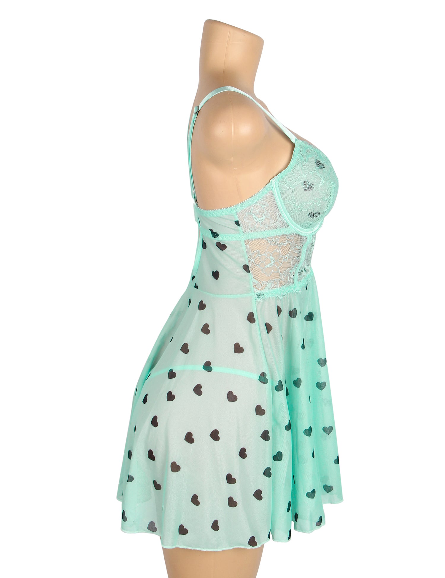 Blue Sexy Heart Printed Lace Mesh Push Up Nightdress