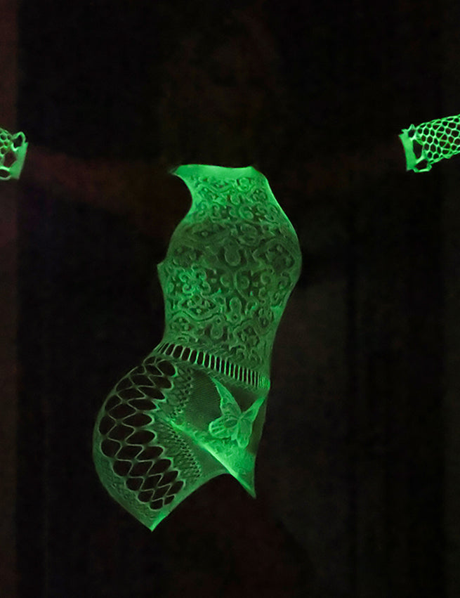 White Sexy Jacquard Hollow Out Luminous Glow In The Dark Bodystocking