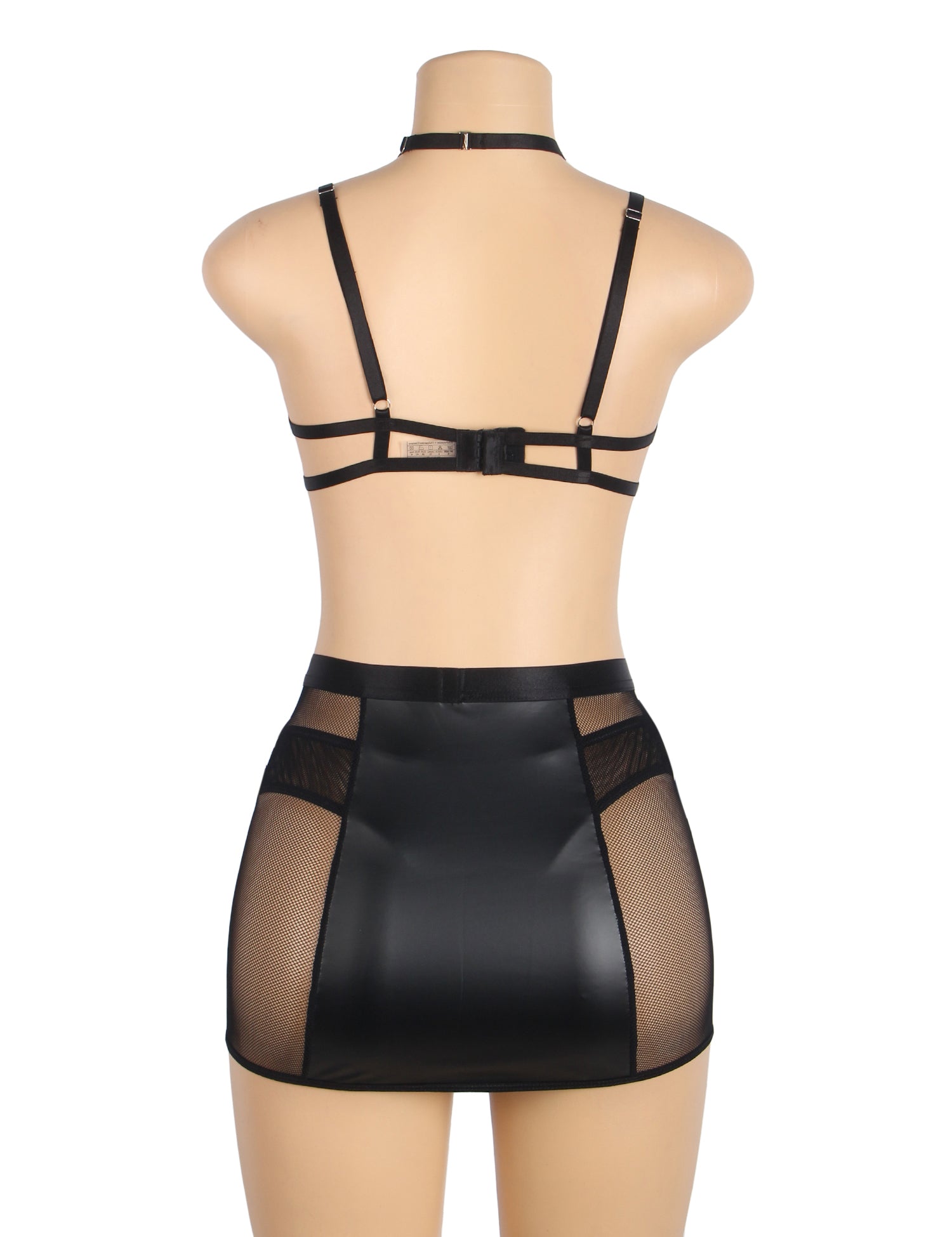 Black PU Leather Mesh Garter Belt Sexy Halter Neck Lingerie Set