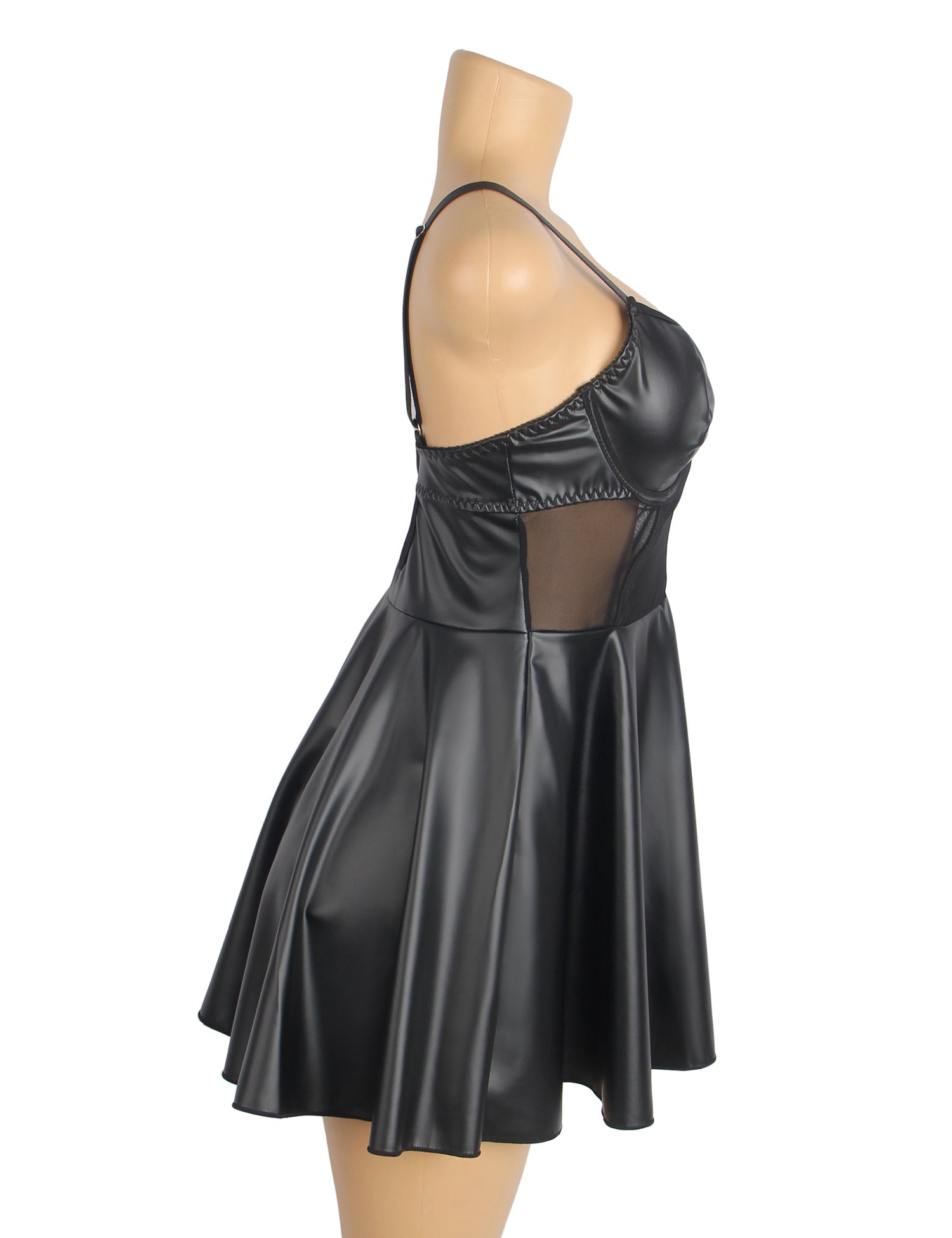 Black PU Leather Mesh Sexy Suspender Leather Nightdress