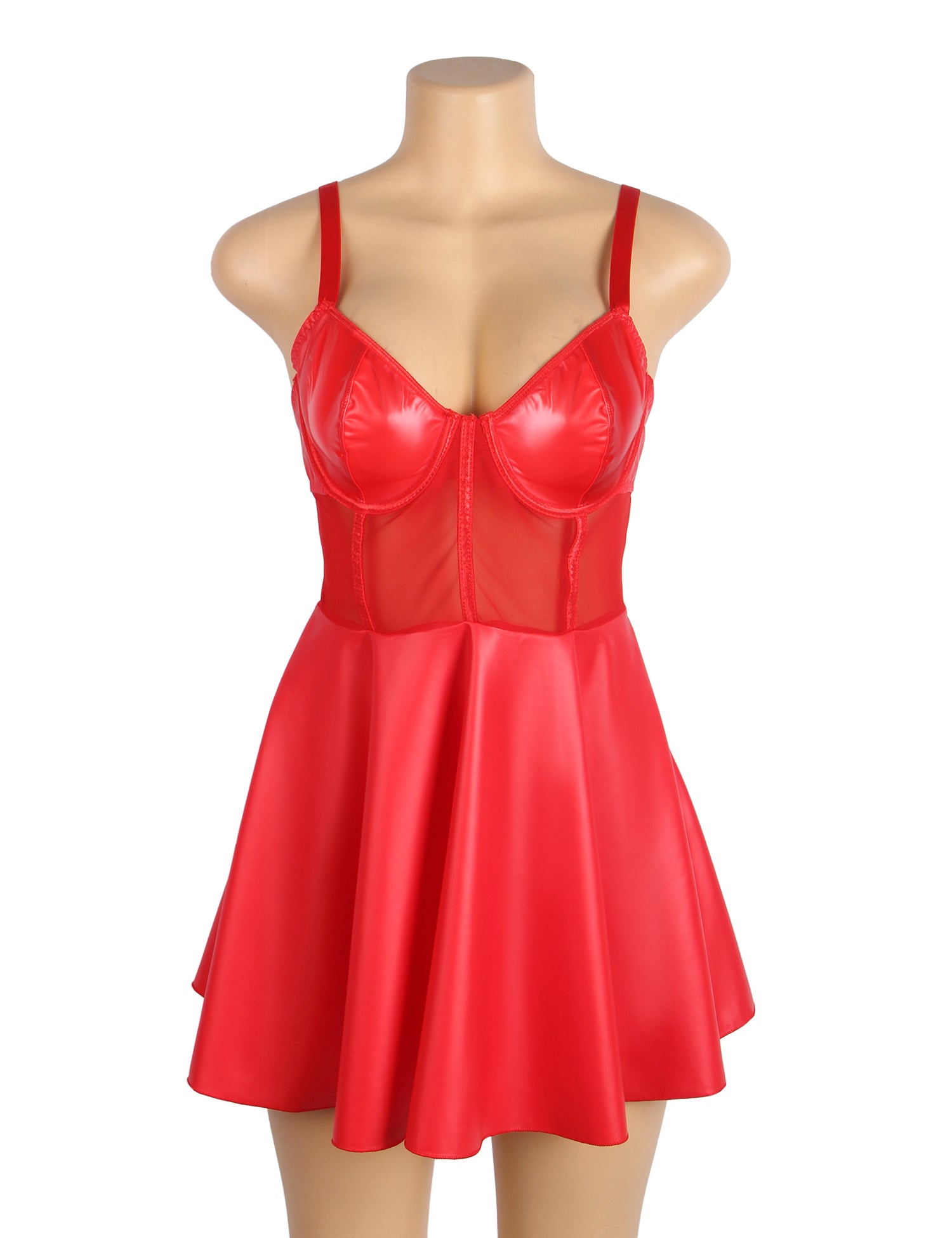 Red PU Leather Mesh Sexy Suspender Leather Nightdress