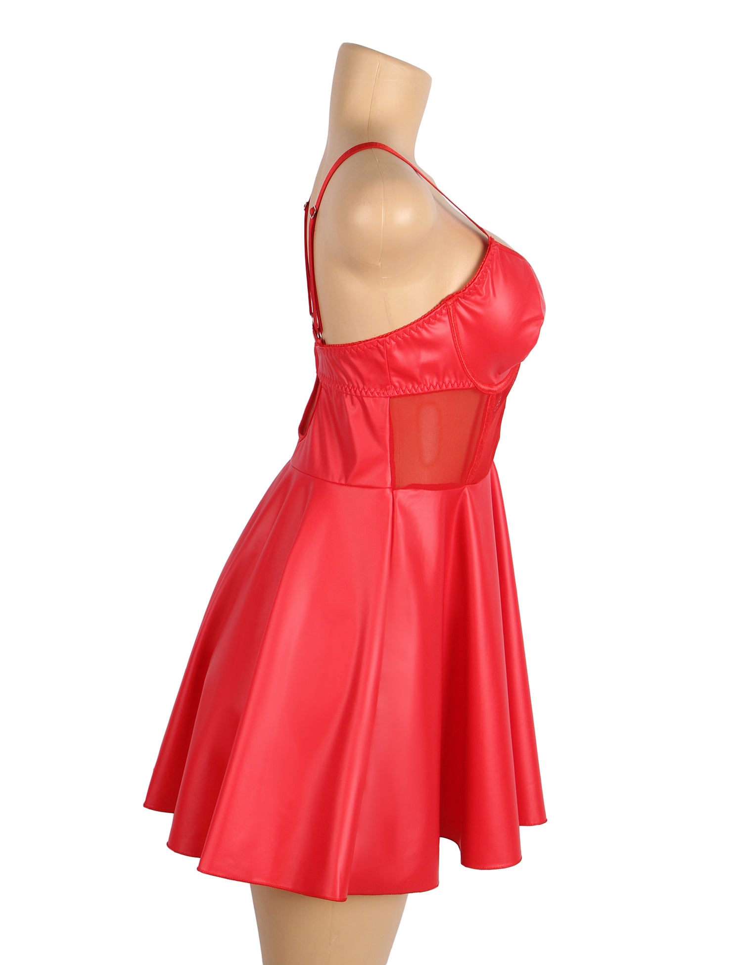 Red PU Leather Mesh Sexy Suspender Leather Nightdress