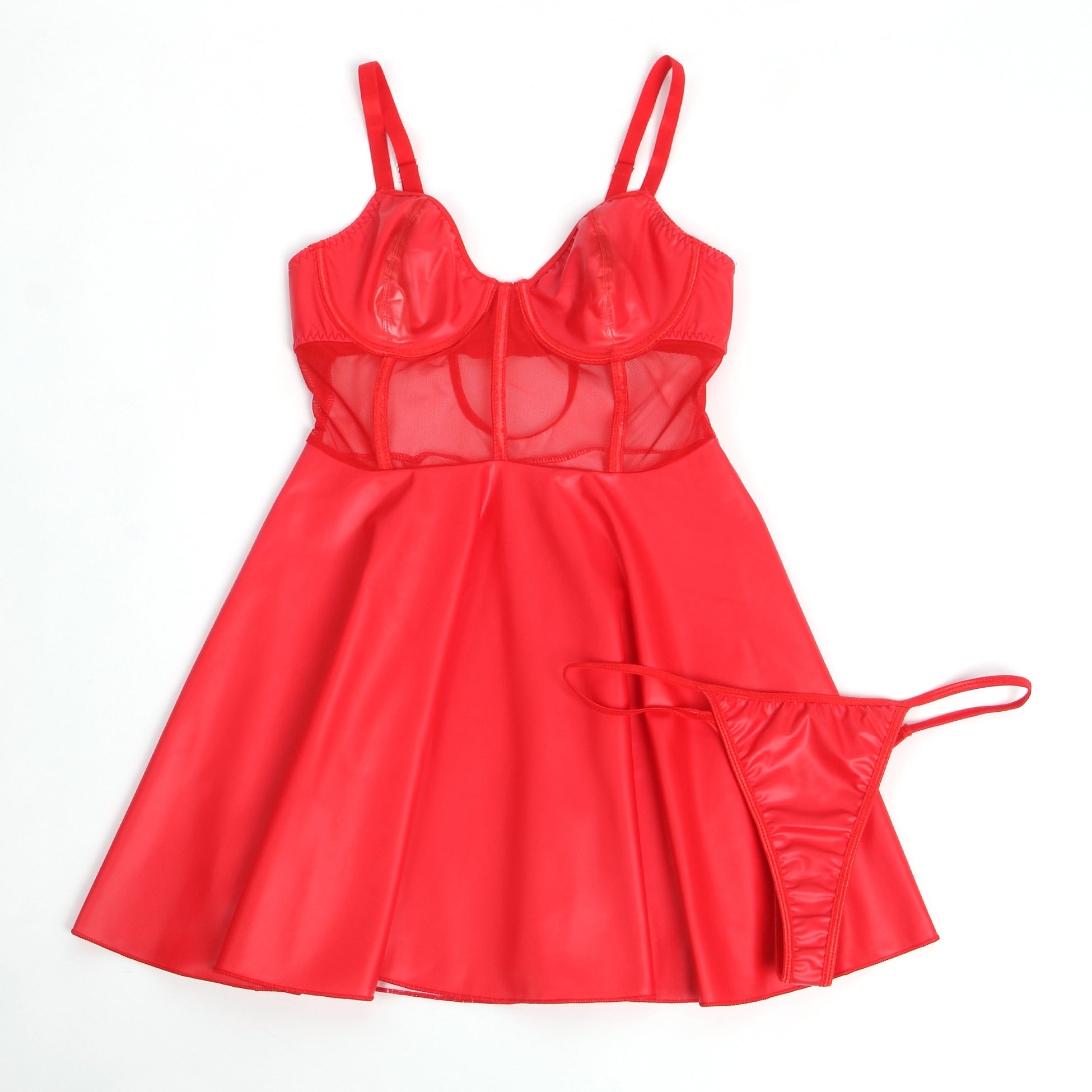 Red PU Leather Mesh Sexy Suspender Leather Nightdress