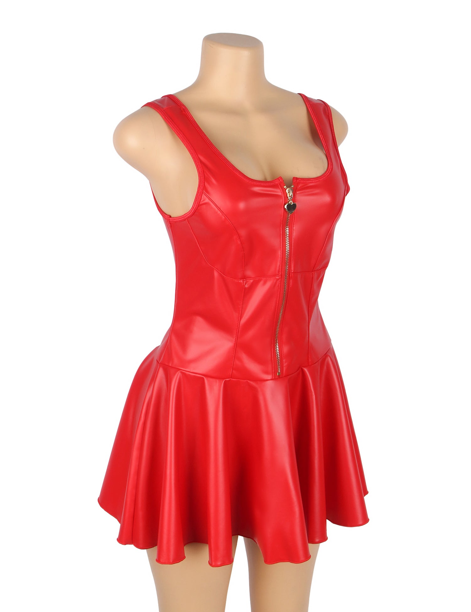 Red PU Leather Wide Shoulder Straps Heart Zipper Sexy Nightdress