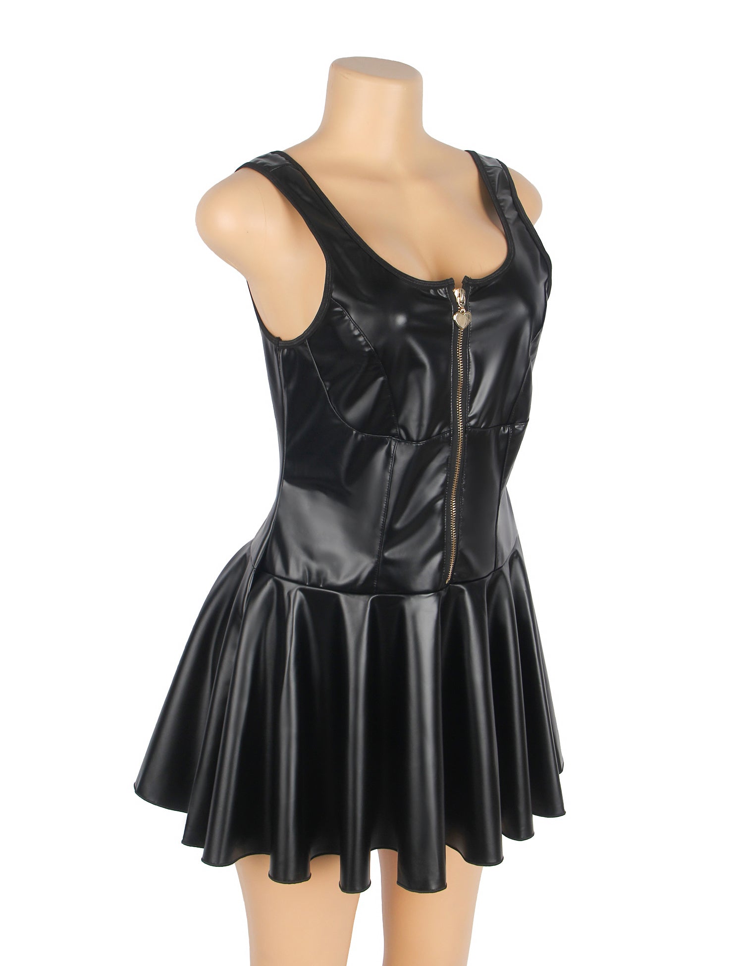 Black PU Leather Wide Shoulder Straps Heart Zipper Sexy Nightdress