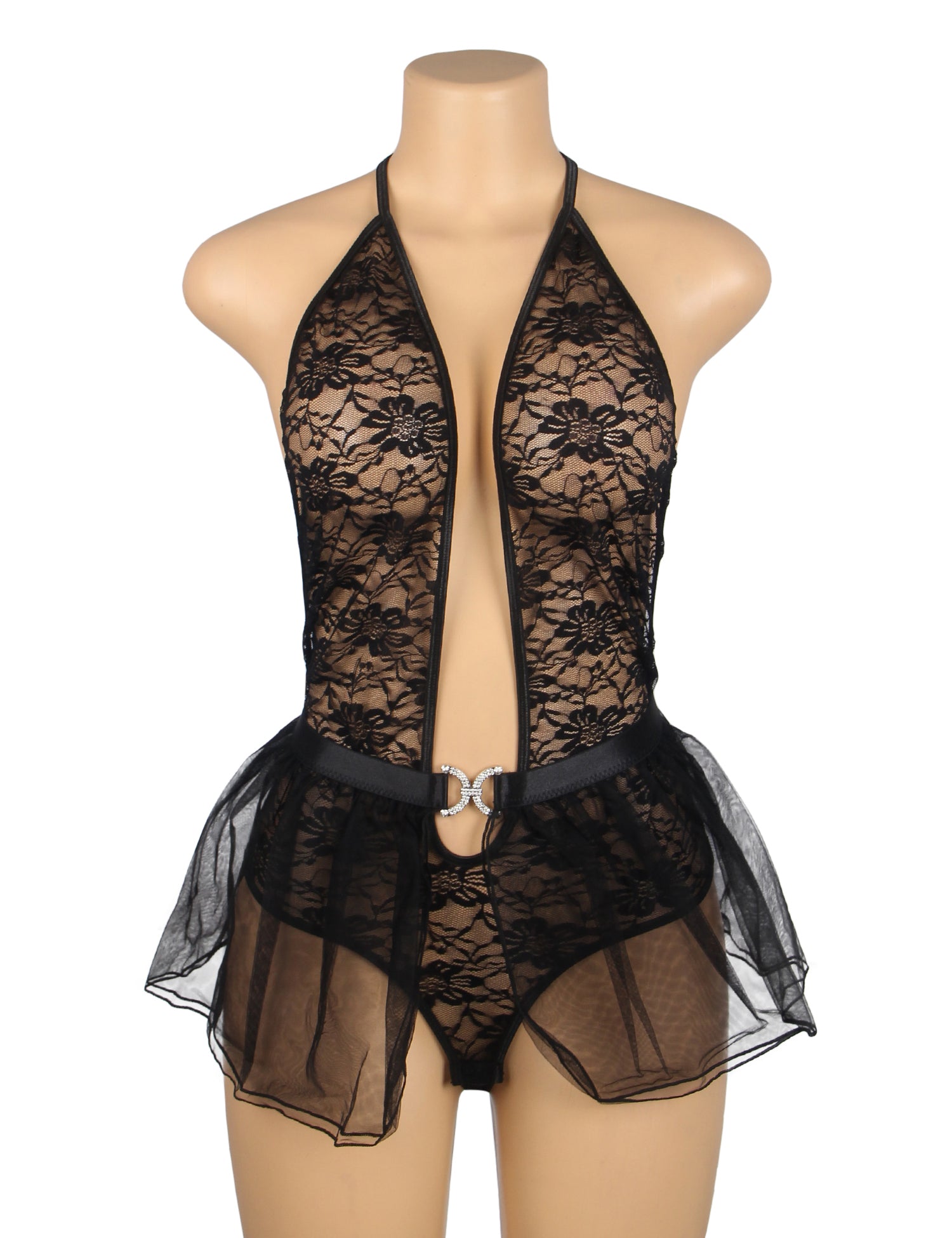 Black Sexy Lace Mesh Halter Neck Open Crotch Teddy Lingerie 2PCS Set
