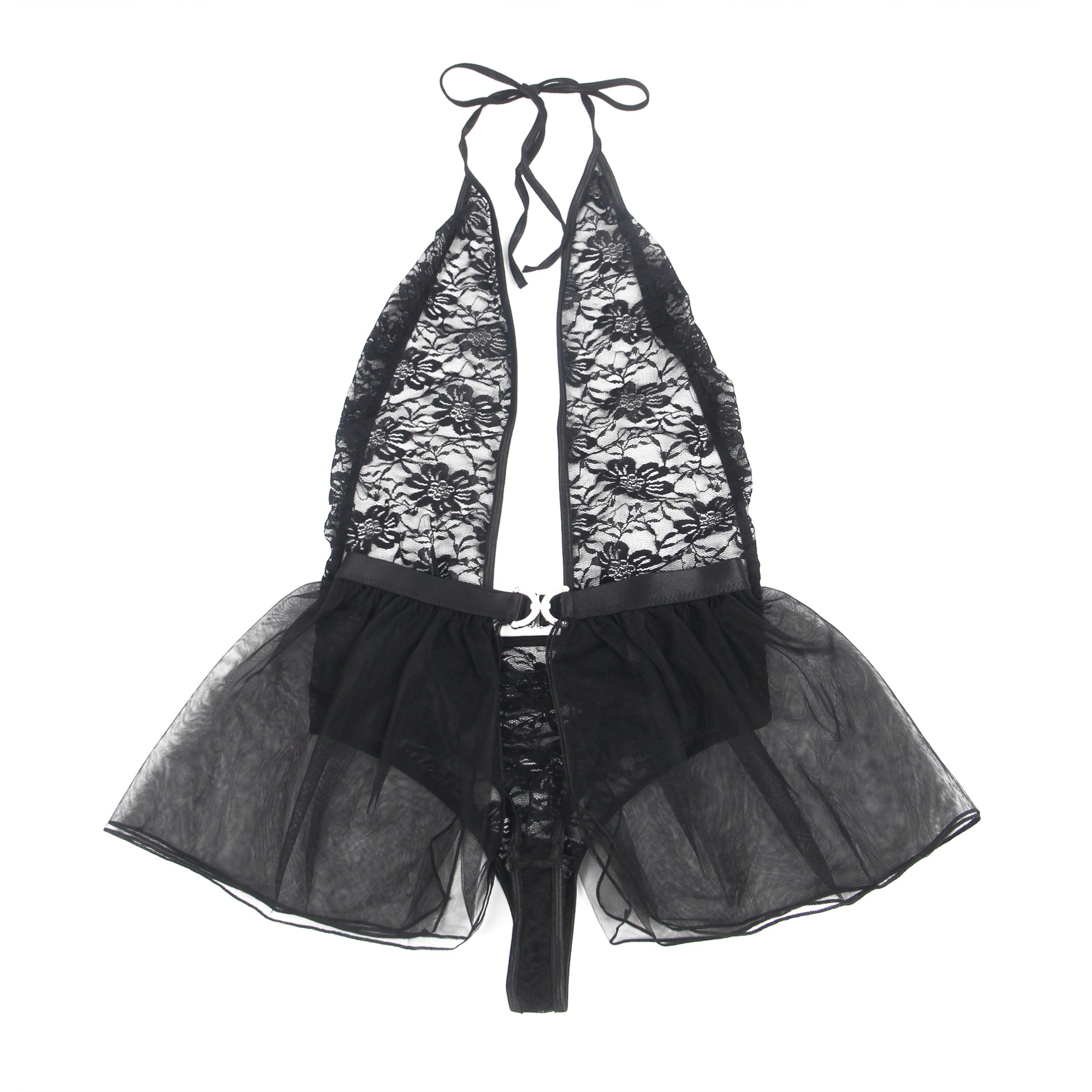 Black Sexy Lace Mesh Halter Neck Open Crotch Teddy Lingerie 2PCS Set