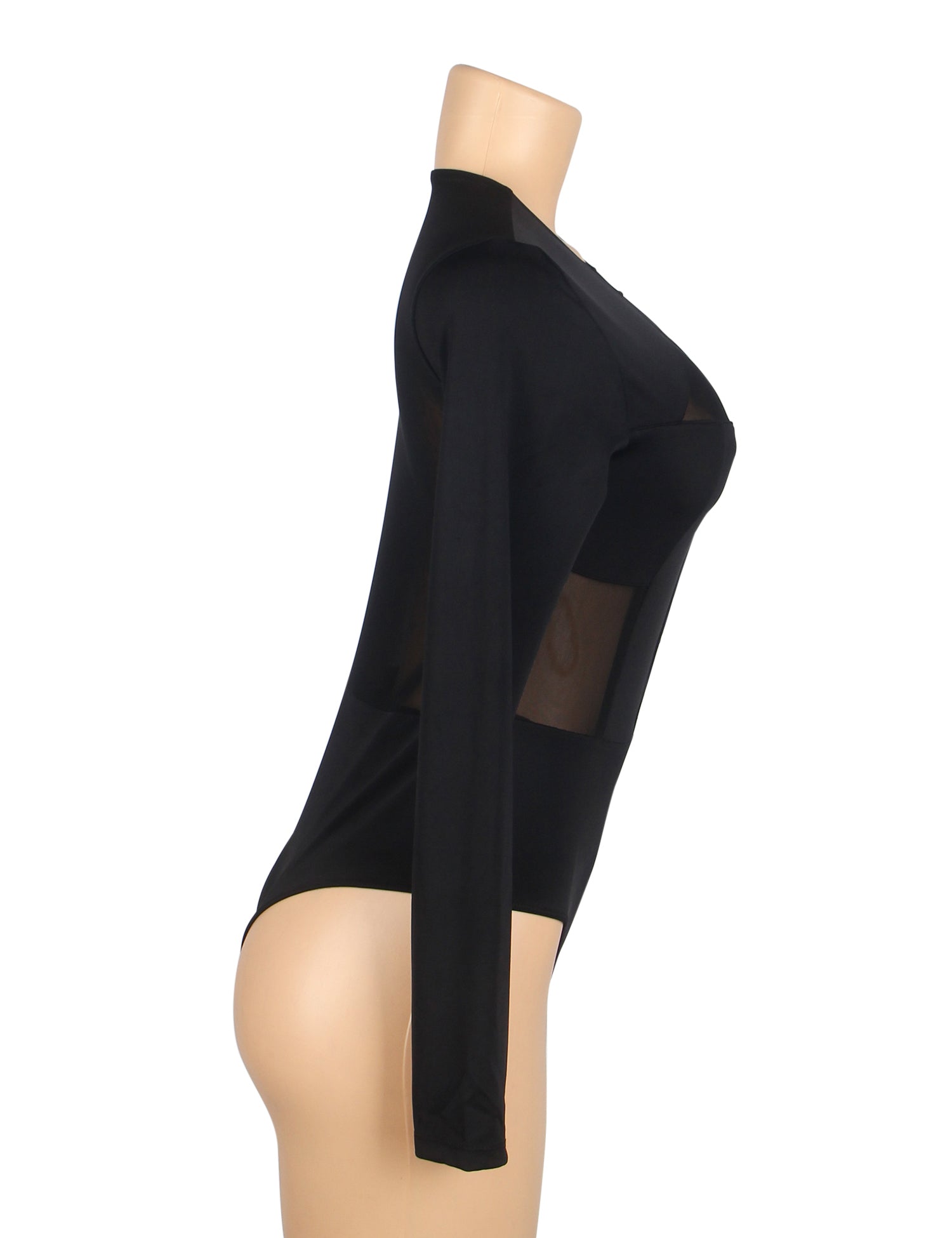 Black Sexy Swim Cloth And Mesh Long Sleeves Open Crotch Bodysuit