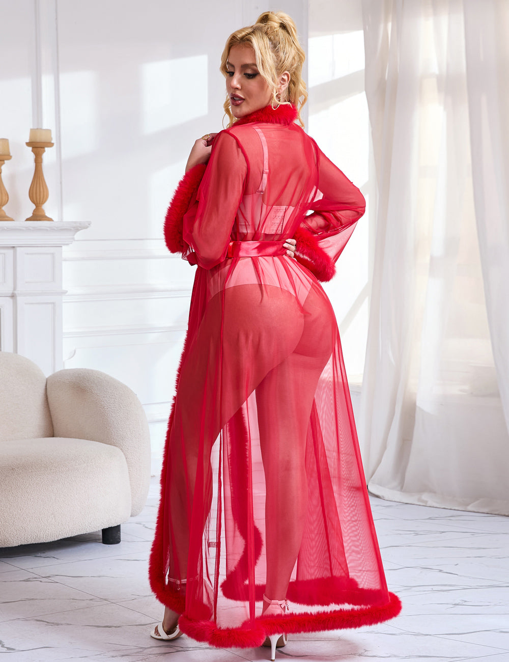 Red Sexy Mesh Imitation Mink Fur Trim Long Robe With Belt