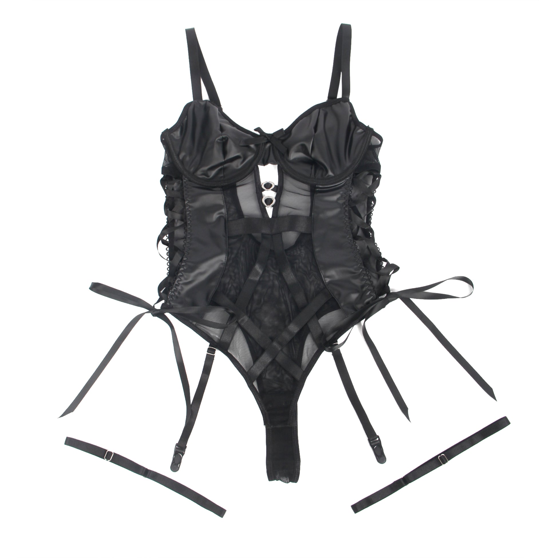 Black PU Leather Mesh Sexy Bodysuit With Hollow Waist