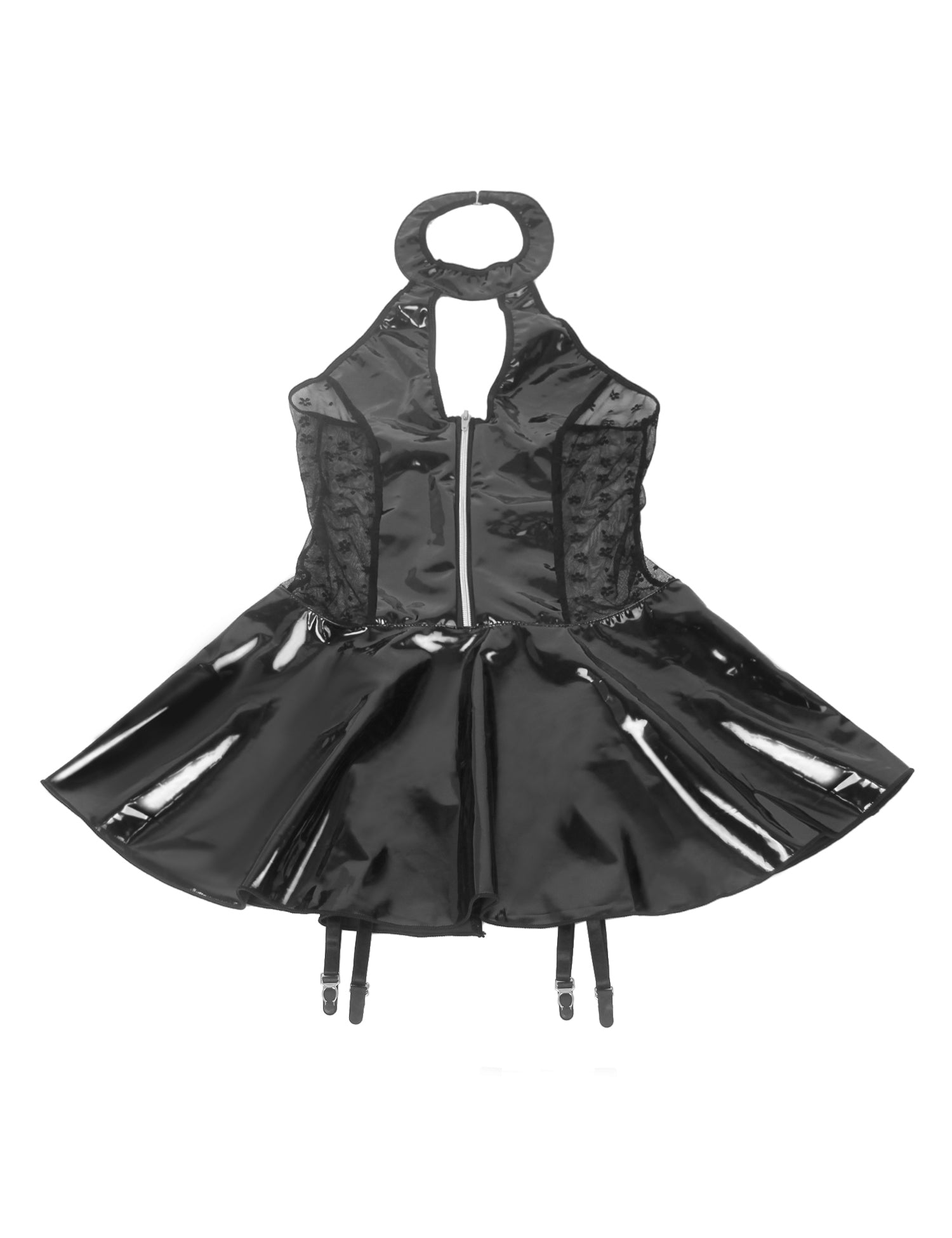 Black Wet-Look Halter Neck Patent Leather Lace Garter Lingerie