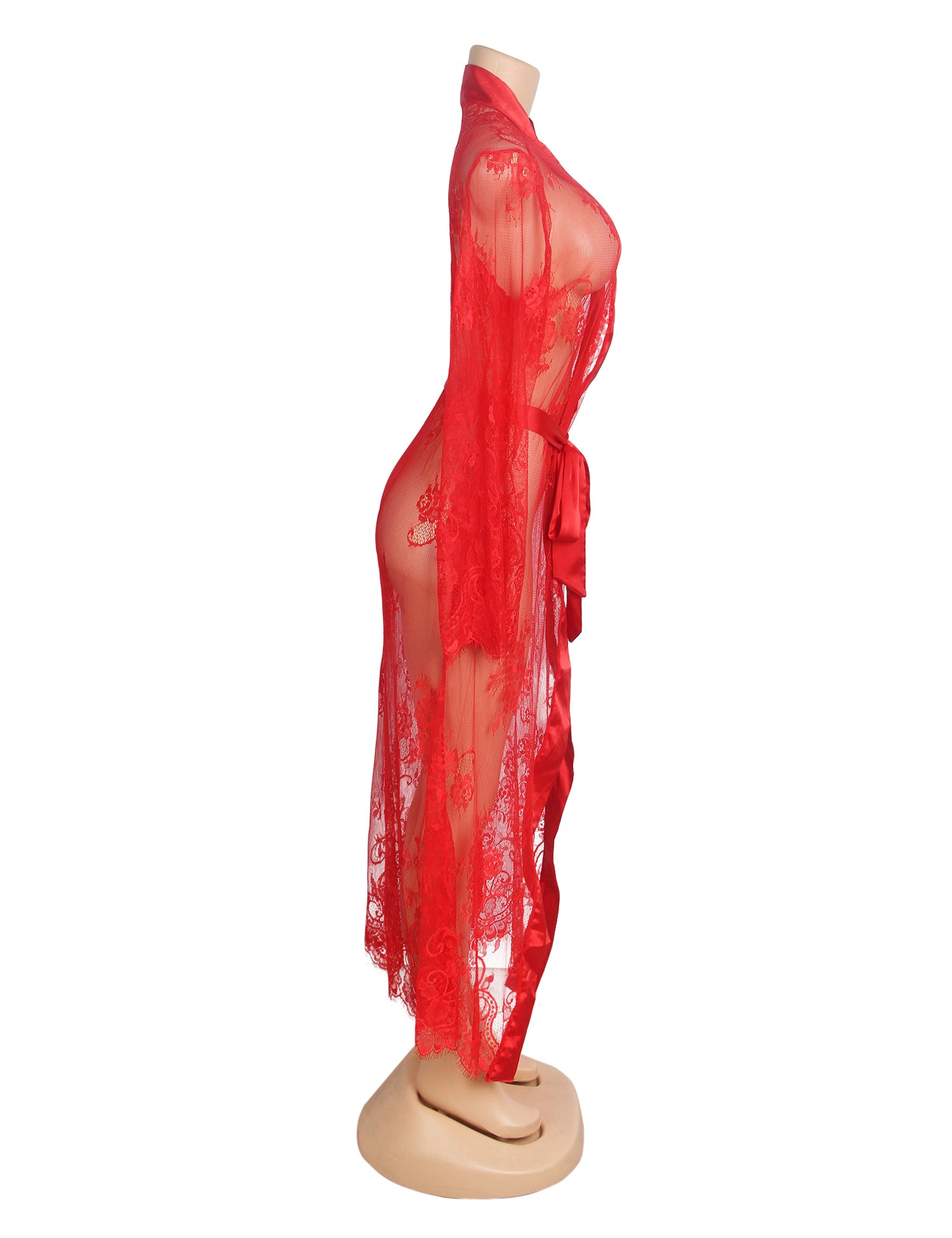 Red Sexy Lace Satin Mesh Long Nightgown With Belt