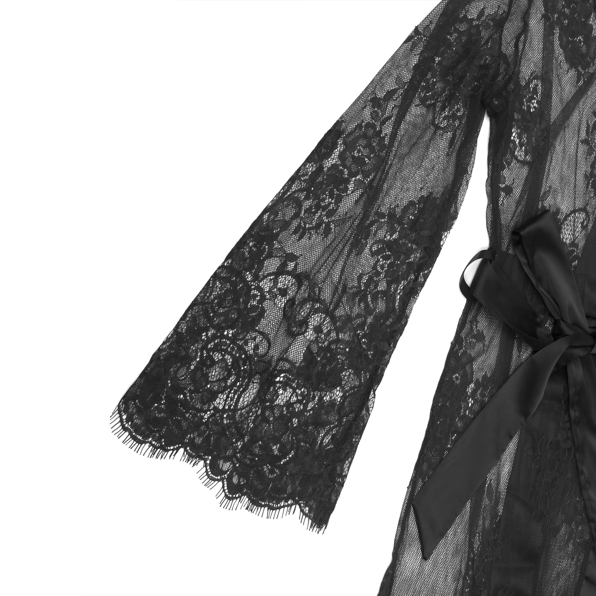 Black Sexy Lace Satin Mesh Long Nightgown With Belt