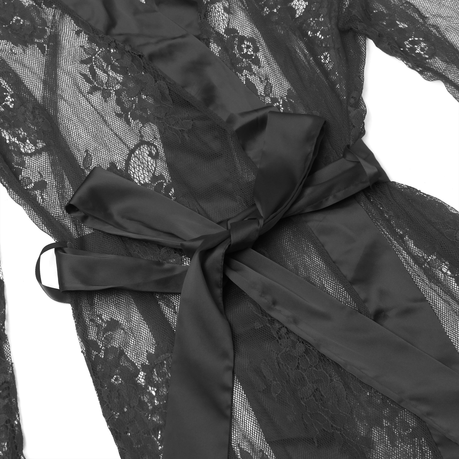 Black Sexy Lace Satin Mesh Long Nightgown With Belt