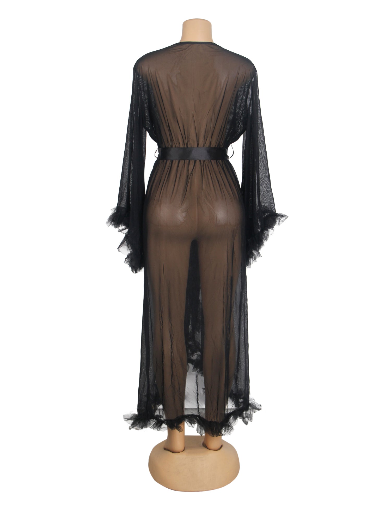 Black Sexy Mesh Ruffled Long Robe With Belt