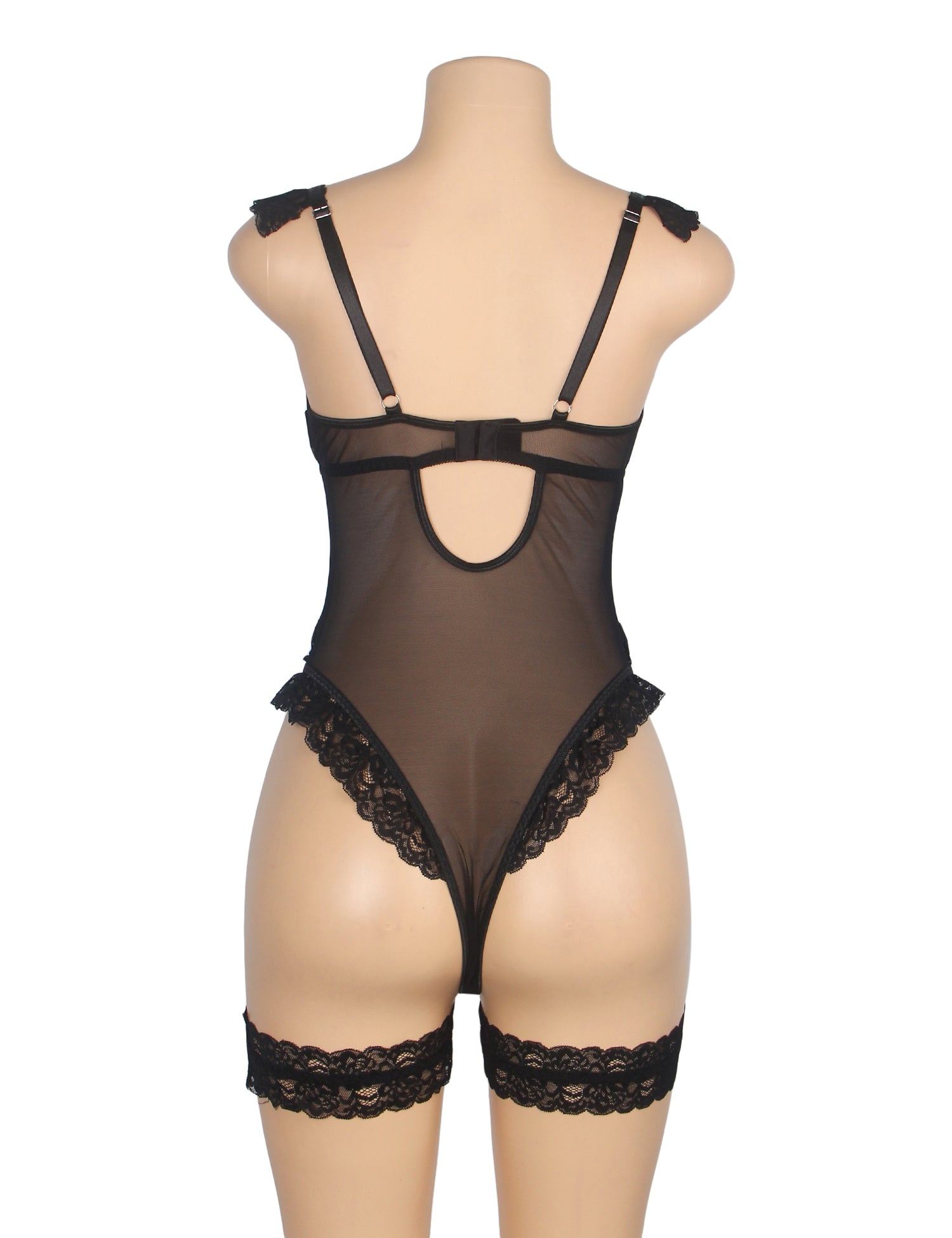 Black Sexy Jacquard Lace Mesh Crotchless Bodysuit With Garter