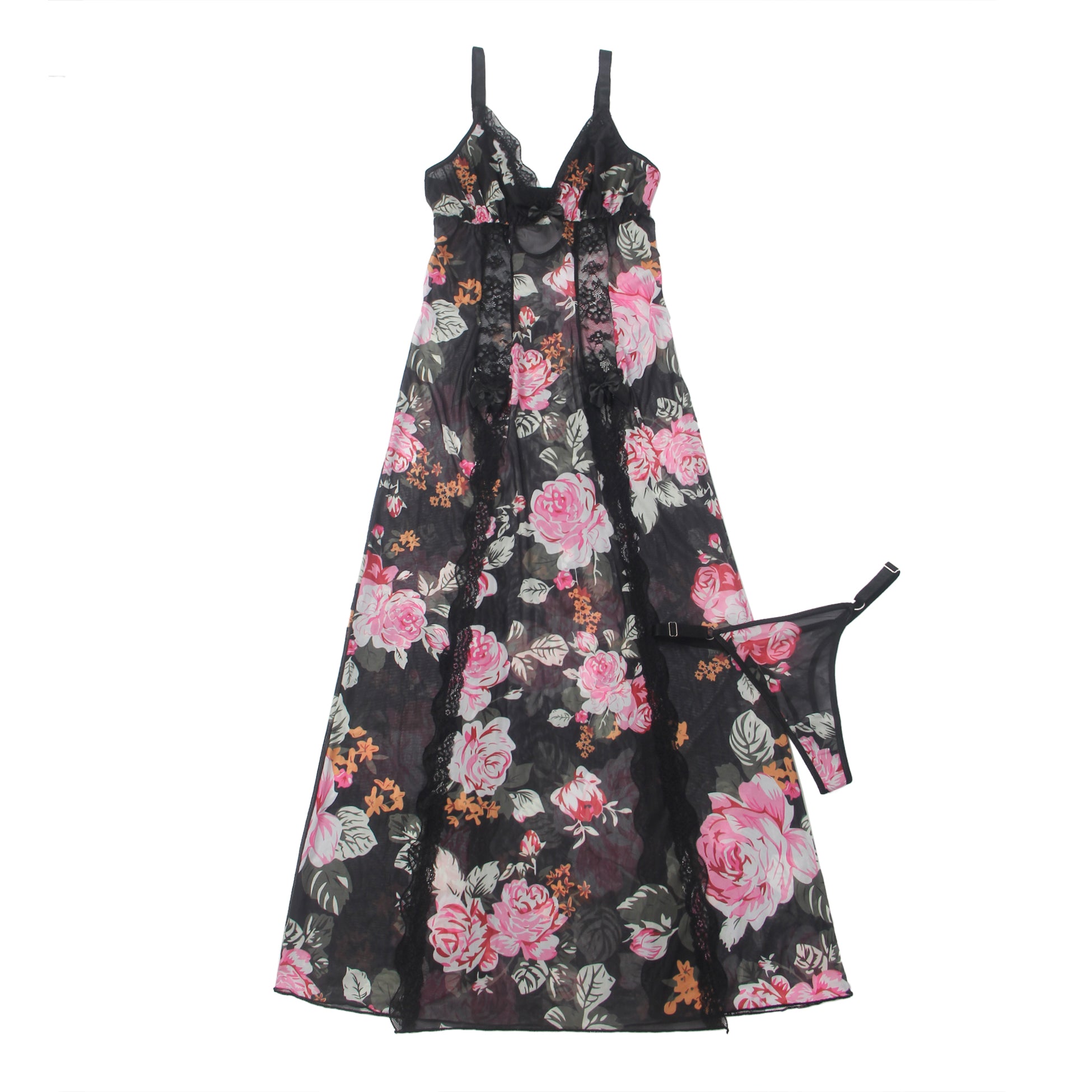 Printing Sexy Mesh Lace Long Split Nightgown